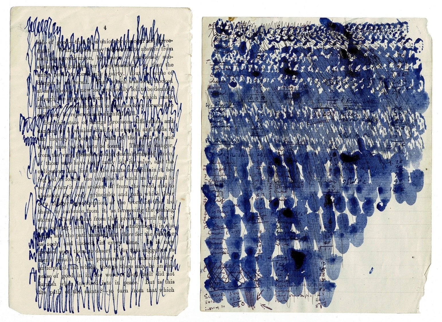 Not Doing Nothing (Sound) Blue Pair, 2024, ink on found paper, 11 x 18cms / 17.5 x 13cms