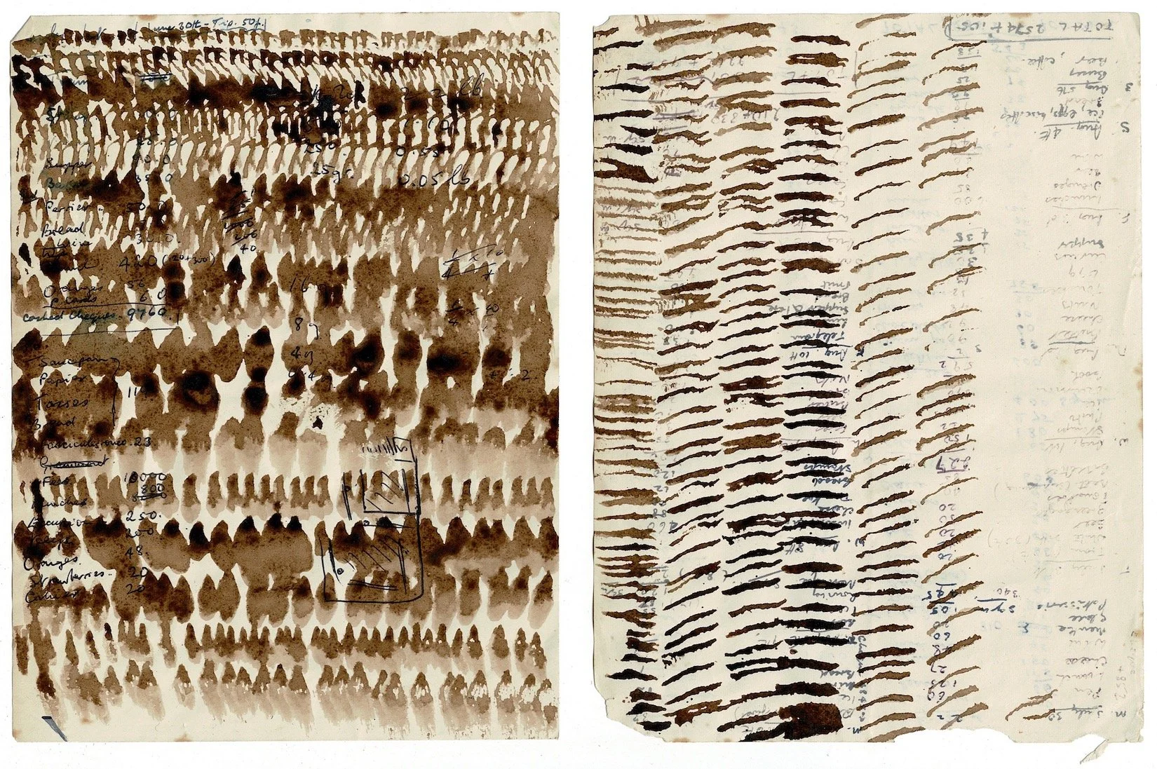 Not Doing Nothing (Sound) Brown pair, 2024, walnut ink on found paper, 13 x 17.5cms each