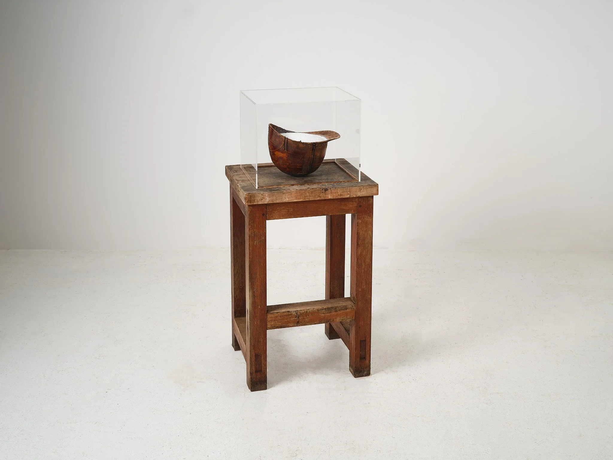 wooden helmet containing crushed, powdered paracetamol, wooden block plinth and acrylic vitrine