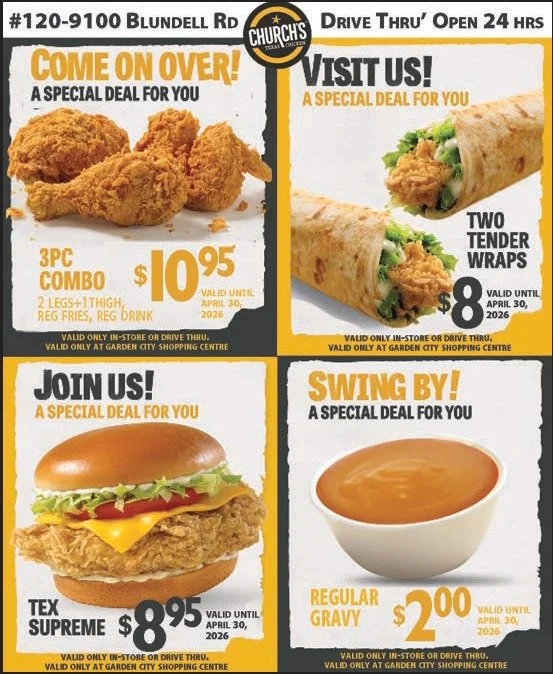 💸 Did someone say savings?

Head over to @churchstxchickenca at Garden City Shopping Centre and enjoy special deals on some of your favorites! 

Grab a 3-pc Combo or Two Tender Wraps to fuel your day.

And with a 24-hour drive-thru, delicious late n
