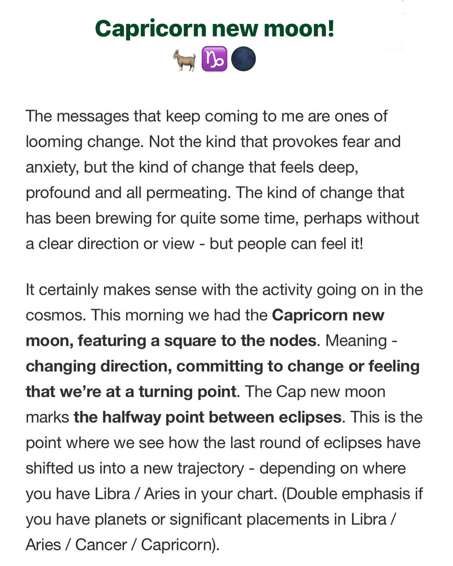 Sharing some excerpts from my Capricorn new moon newsletter. Get your free copy of the workbook, get all of the cosmic intel with the video update and ride the cosmic current - it&rsquo;s all here for you!

What do you notice coming up within you? Ar