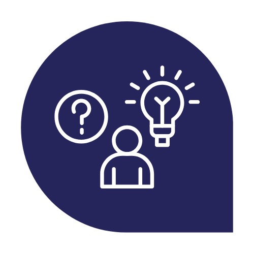 Graphic icon of a person with a question and getting a solution.