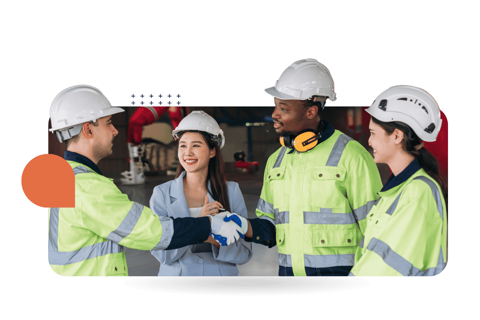 Four construction and industrial workers representing CultureAlly allyship wearing hard hats and high-visibility safety gear stand in a group, smiling and shaking hands with a business professional in a light blue blazer.