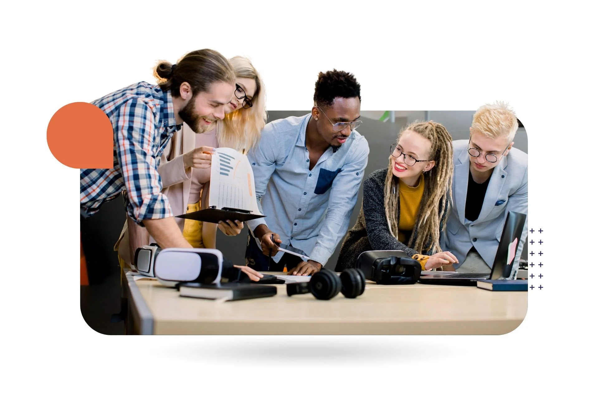 Group of people meeting and looking at innovative technology