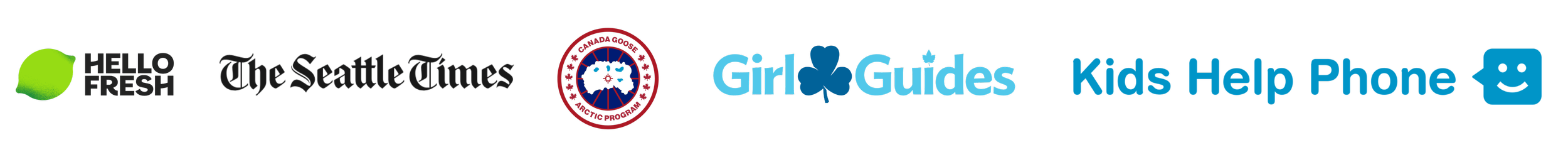 Collection of logos: HelloFresh, The Seattle Times, Canada Goose, Girl Guides, Kids Help Phone