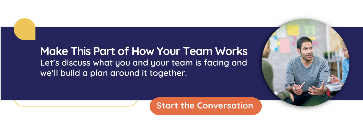 Graphic and Image of people in conversation that speaks to contacting CultureAlly to start the conversation on building a stronger workplace culture.