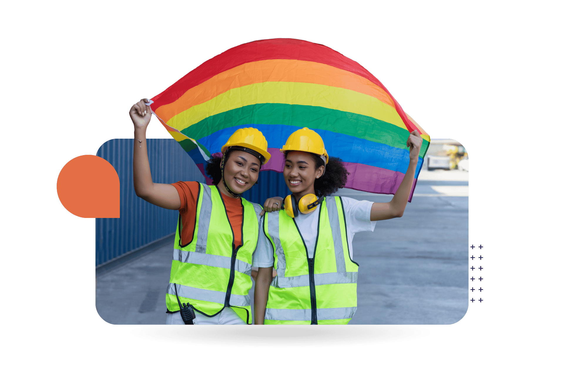 Two people celebrating Pride Month at work representing CultureAlly's Pride Month virtual training for teams - whether remote or in person.