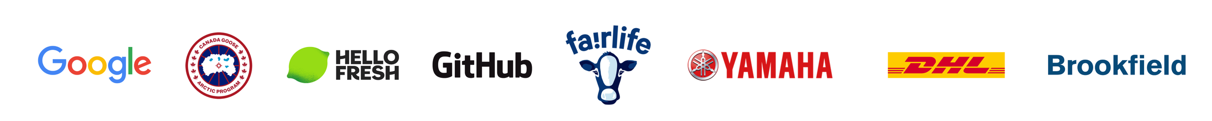 Collection of logos from companies that trusted CultureAlly such as: Google, Canada Goose, Hello Fresh, GitHub, fairlife, Yamaha, DHL, Brookfield