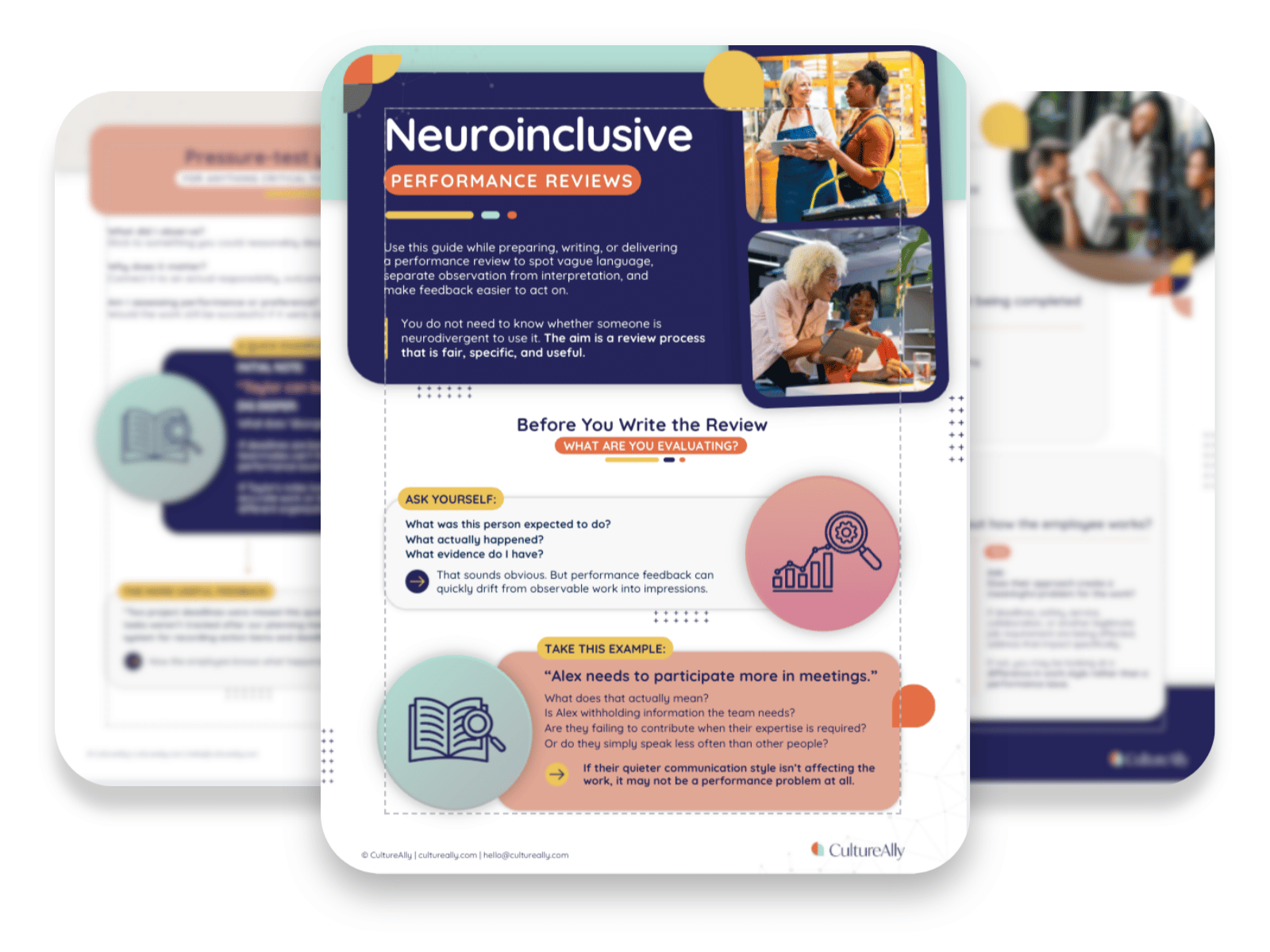 Graphic shows an image of CultureAlly's Neuroinclusive Performance Review Guide