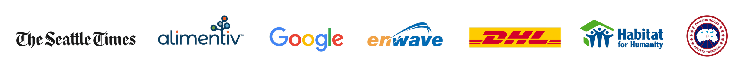 CultureAlly customer logos of The Seattle Times, alimentiv, Google, erwave, DHL, Habitat for Humanity, Canada Goose Arctic Program