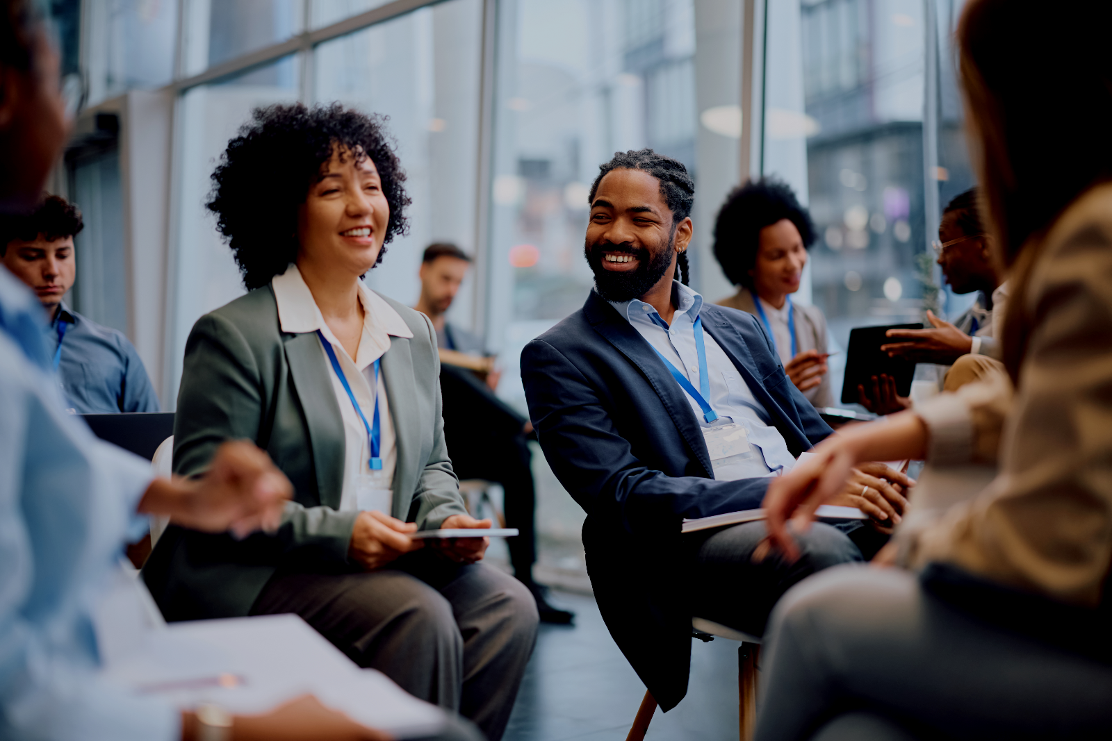 Team in training chatting with each other