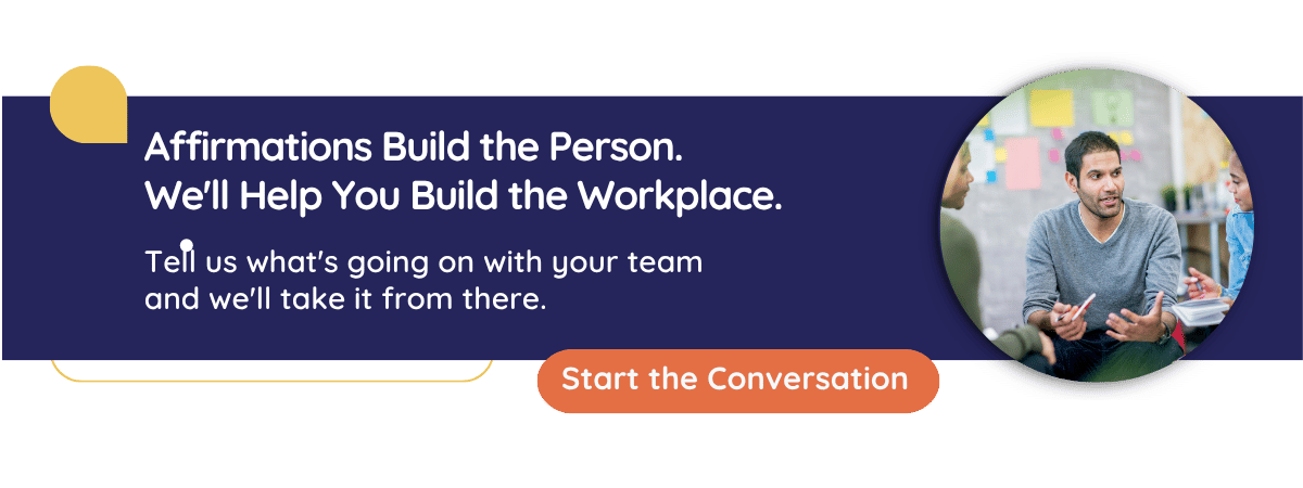 Graphic speaks to CultureAlly workplace training and how we can help you uplift your worplace. Shows image of person chatting with team.