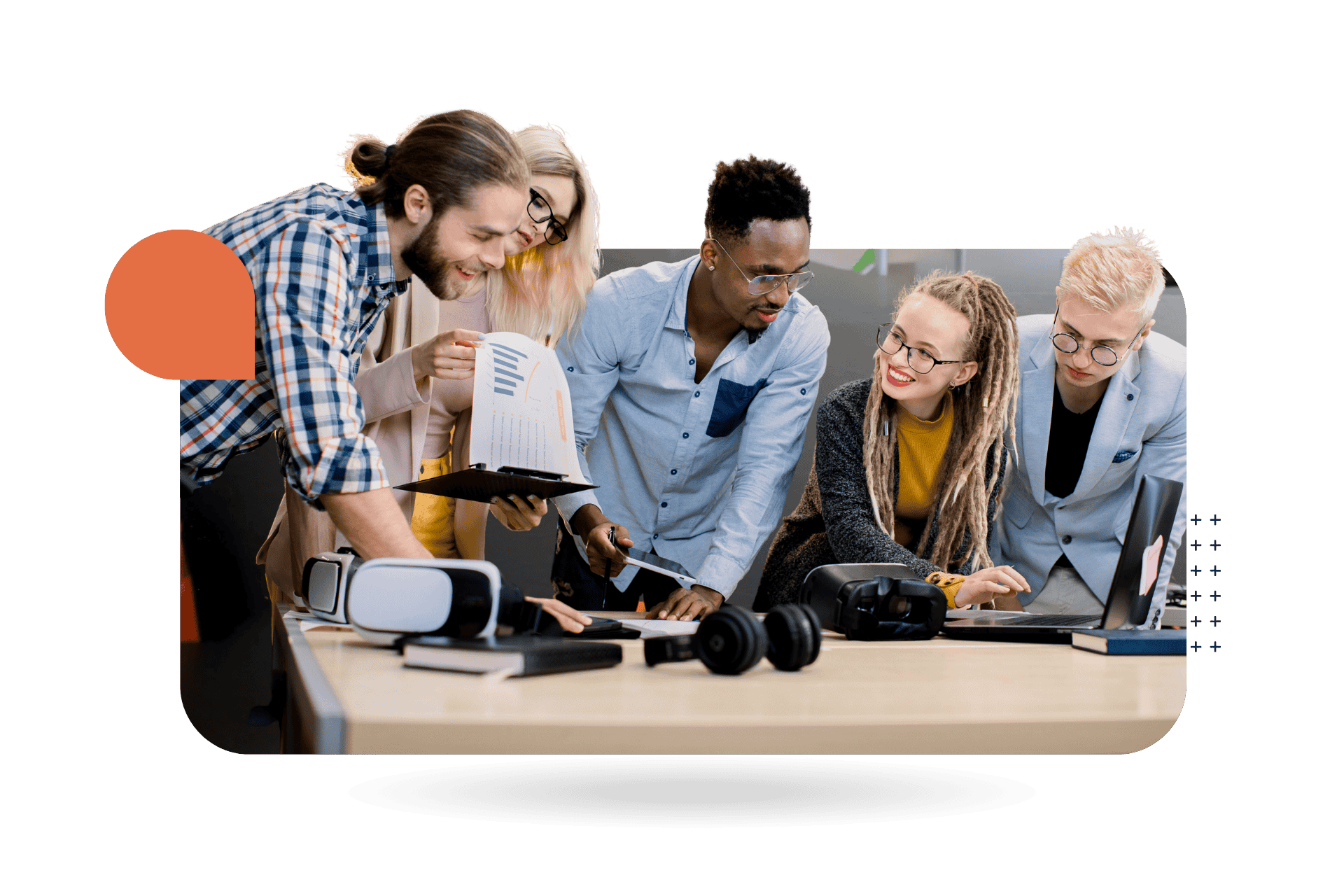 Group of people meeting and looking at innovative technology