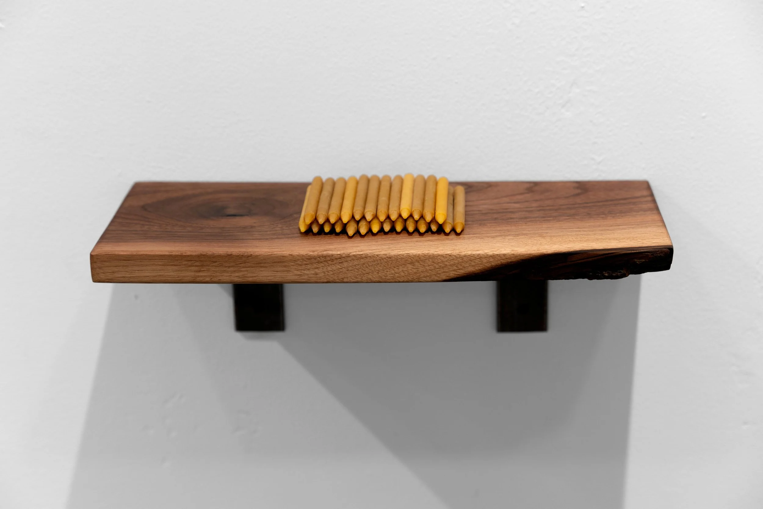 Untitled
beeswax, processed from my dad’s hives in Colorado, walnut wood, steel 
15” x 6” x 5”