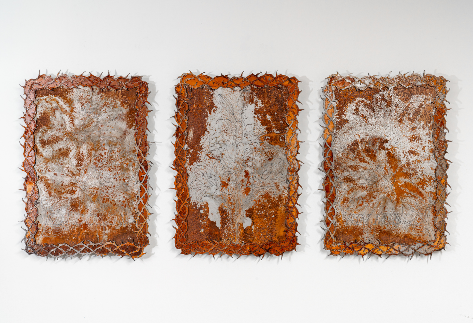 María Joranko, in the gardens of paradise (lillies) | 2026; in the gardens of paradise 2 (sin miedo) | 2026, in the gardens of paradise 3 (sin dolor) | Laser-etched steel, 2026 - These works take the form of metal panels where lilies appear engraved 