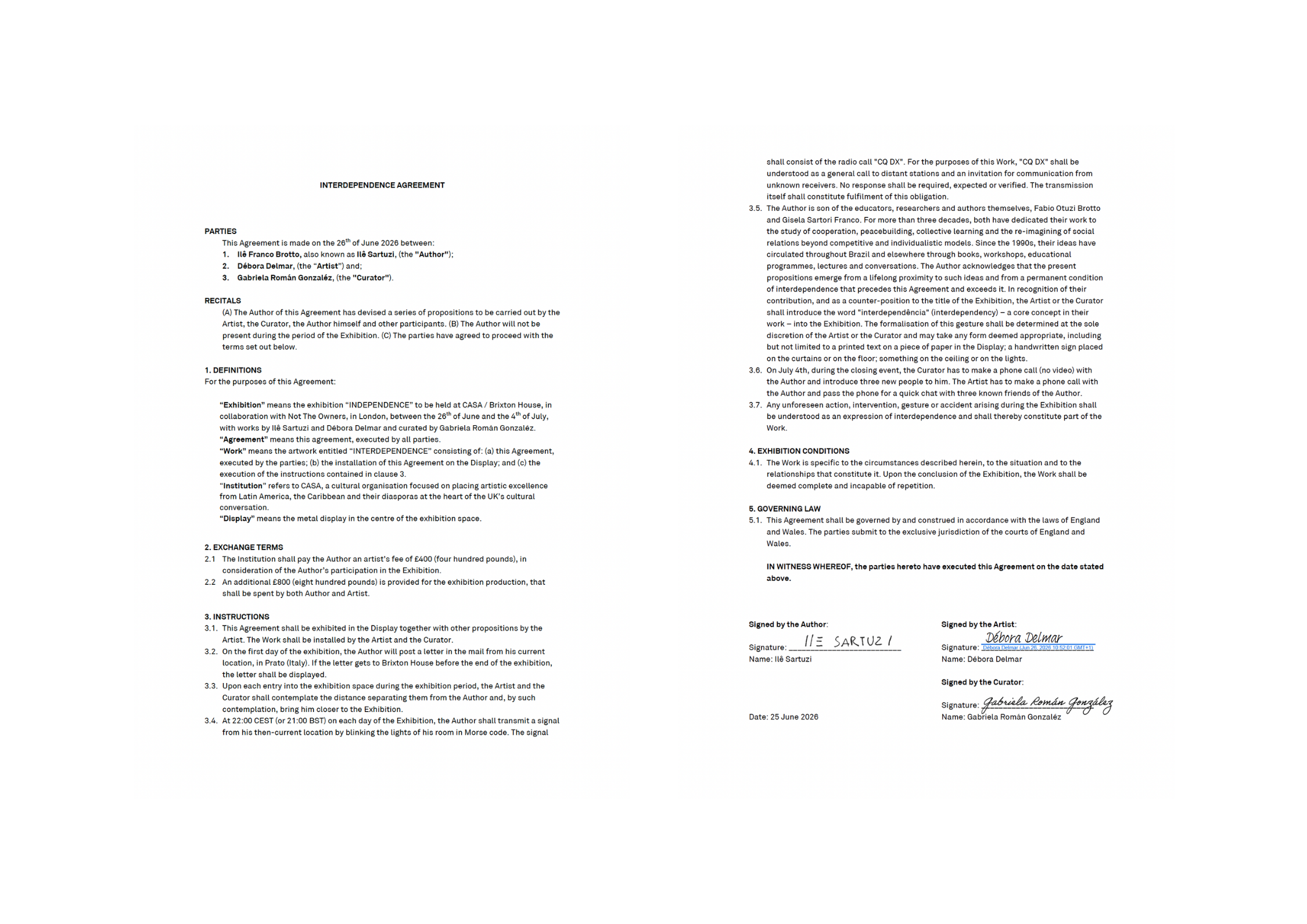 Ilê Sartuzi, Independently Authored Contractual Artwork, 2026. Displayed on a metal ring installed at the centre of the exhibition. The actions set out in the contract were conceived as part of the artistic gesture, whether or not they resulted in a 