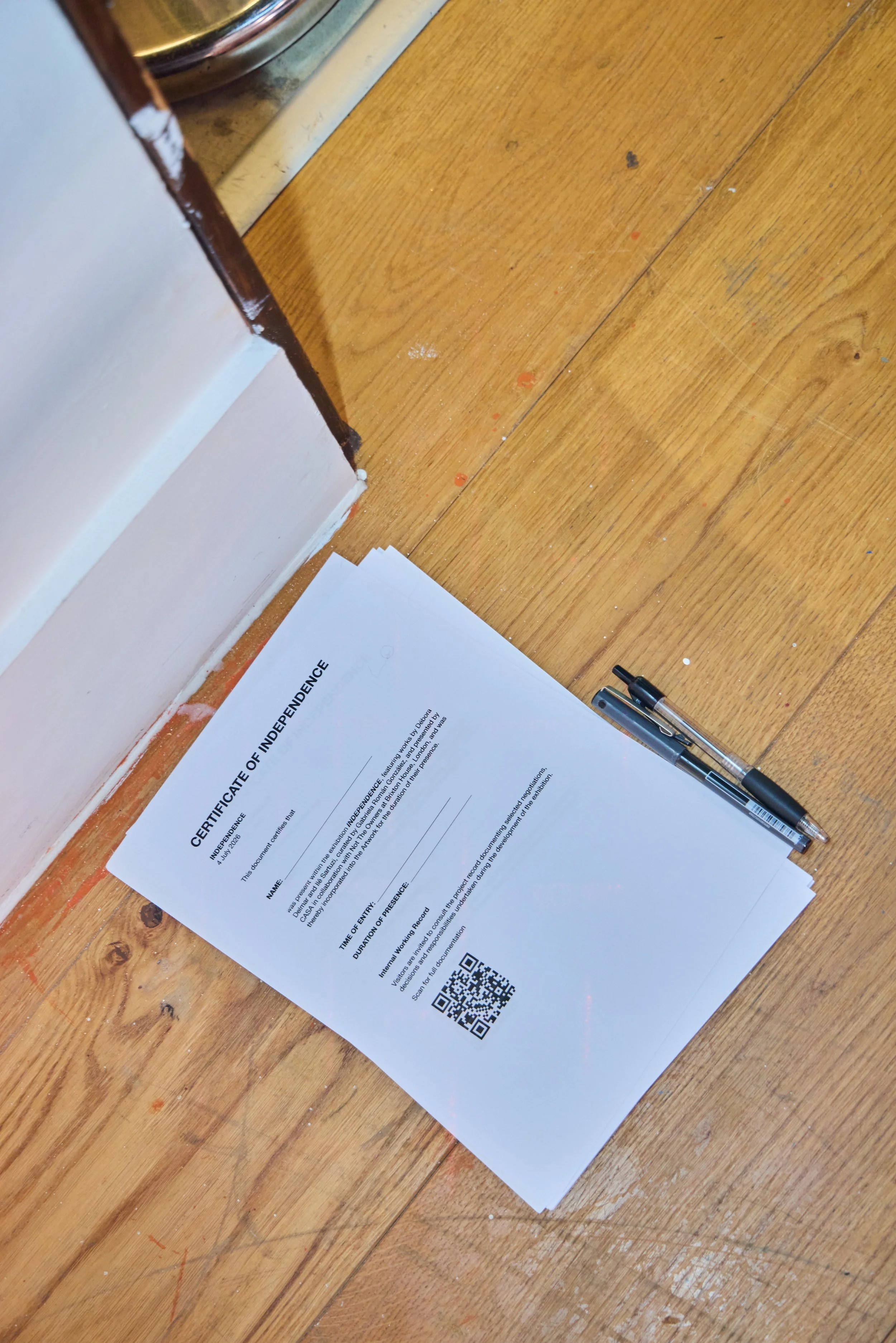 Certificate of Independence, 2026. Visitors were invited to sign the certificate and access the participants’ negotiation log, offering a glimpse into the conversations and negotiations through which the exhibition was developed.