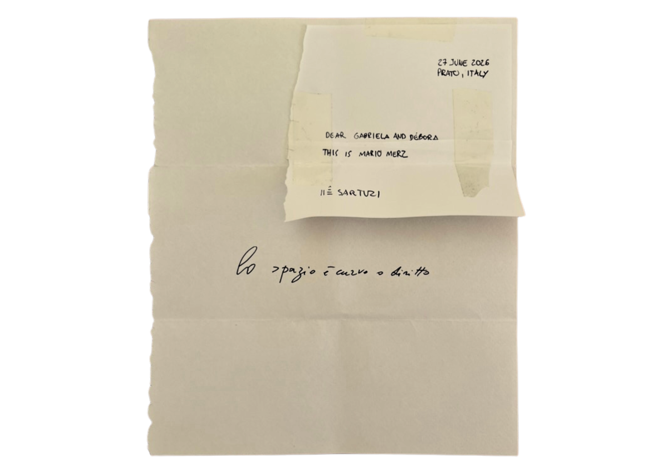 Ilê Sartuzi. Letter sent on the first day of the exhibition from the artist’s current location in Prato, Italy. It was established in the agreements that, if the letter reached Brixton House before the end of the exhibition, it would be displayed. Th