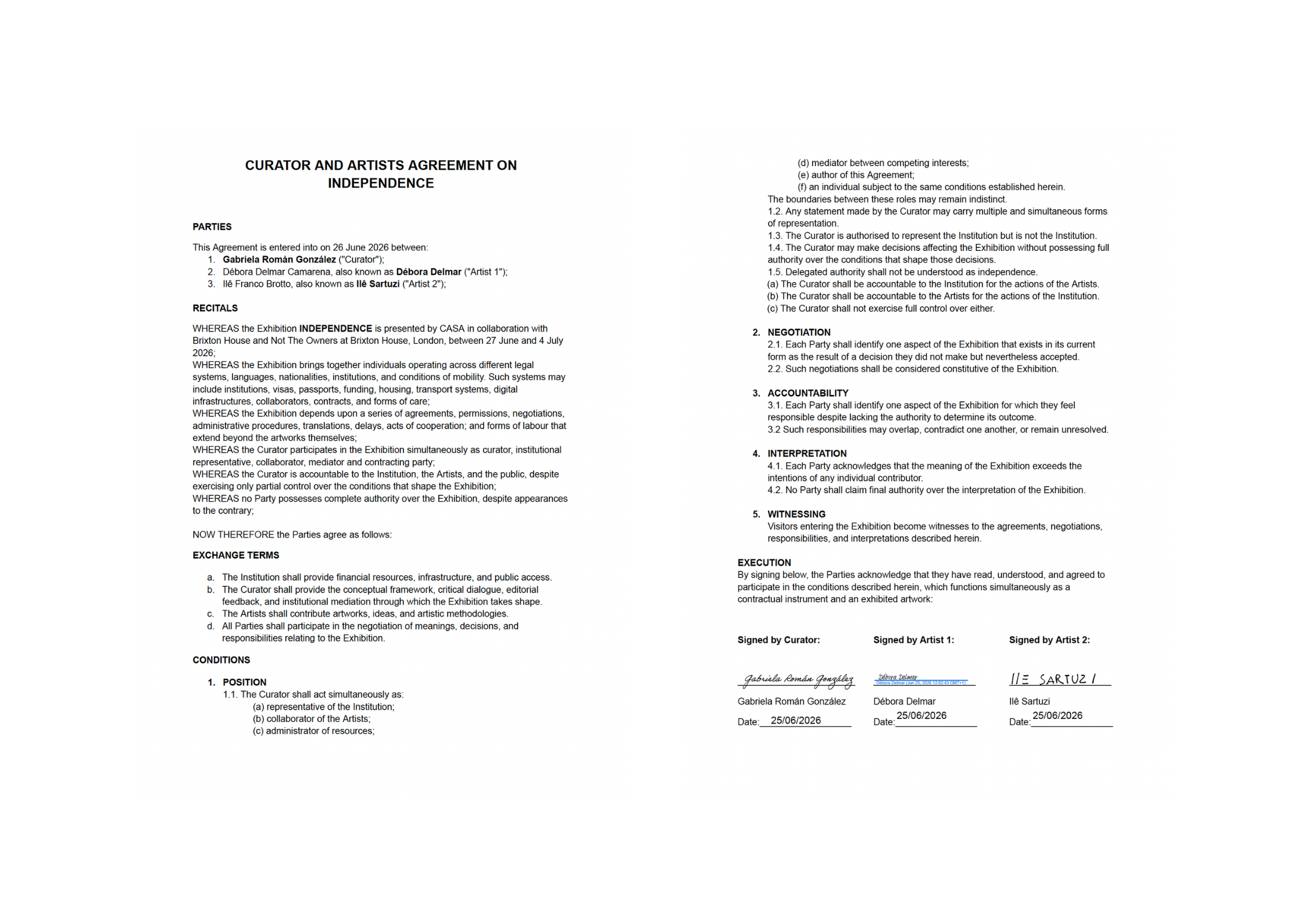Gabriela Román González, Independently Authored Contractual Artwork, 2026. Displayed on a metal ring installed at the centre of the exhibition. The actions set out in the contract were conceived as part of the artistic gesture, whether or not they re