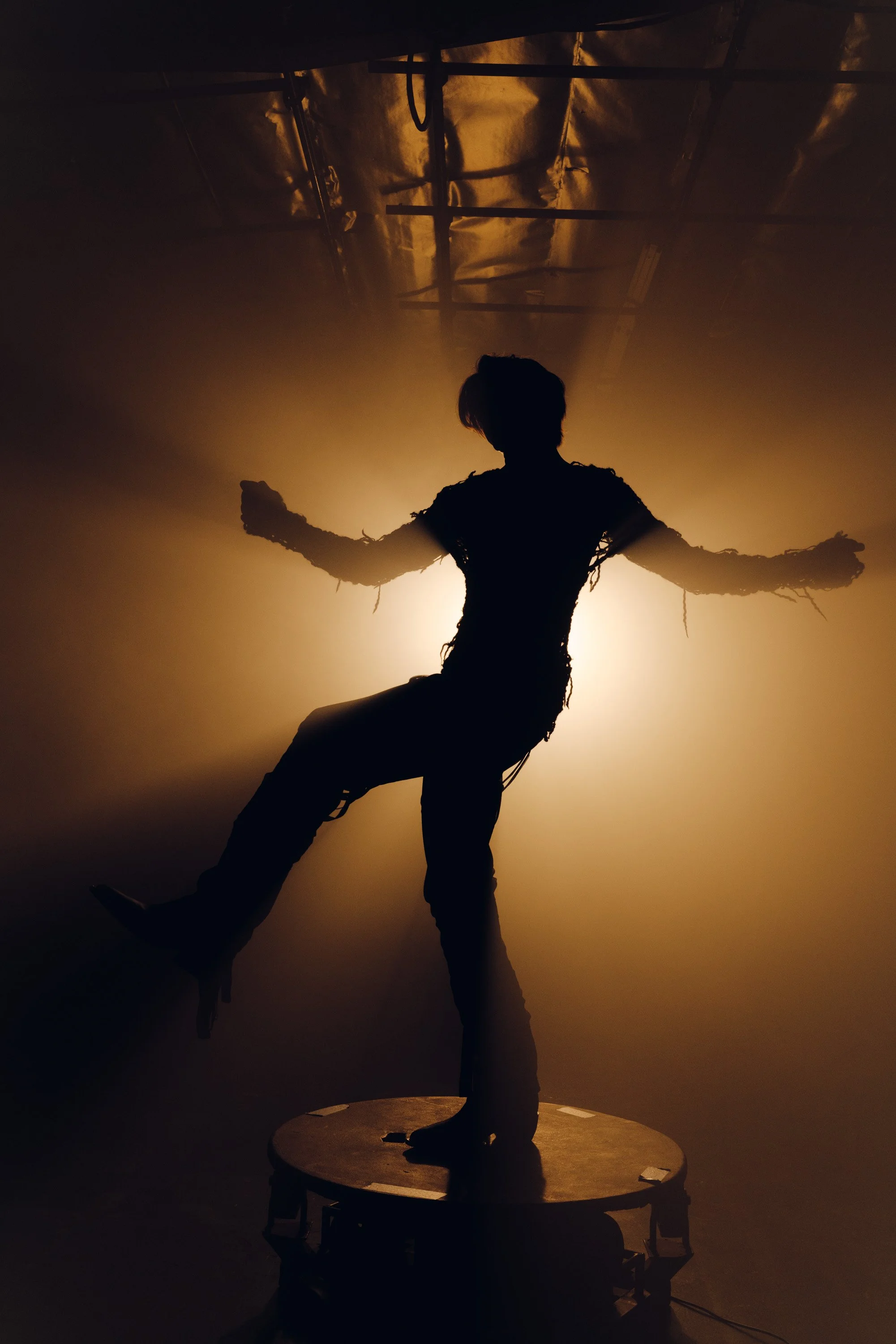 Silhouette of a person standing on a stage or platform with arms outstretched, backlit by warm light, creating a dramatic shadow effect.