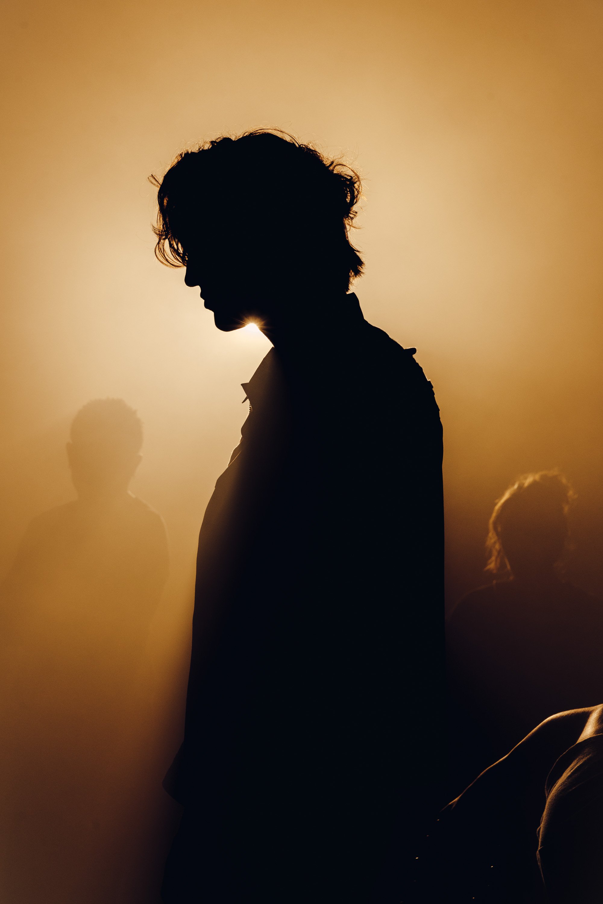 Silhouette of a person with medium-length hair looking down, with a warm sunset in the background and faint outlines of other people.