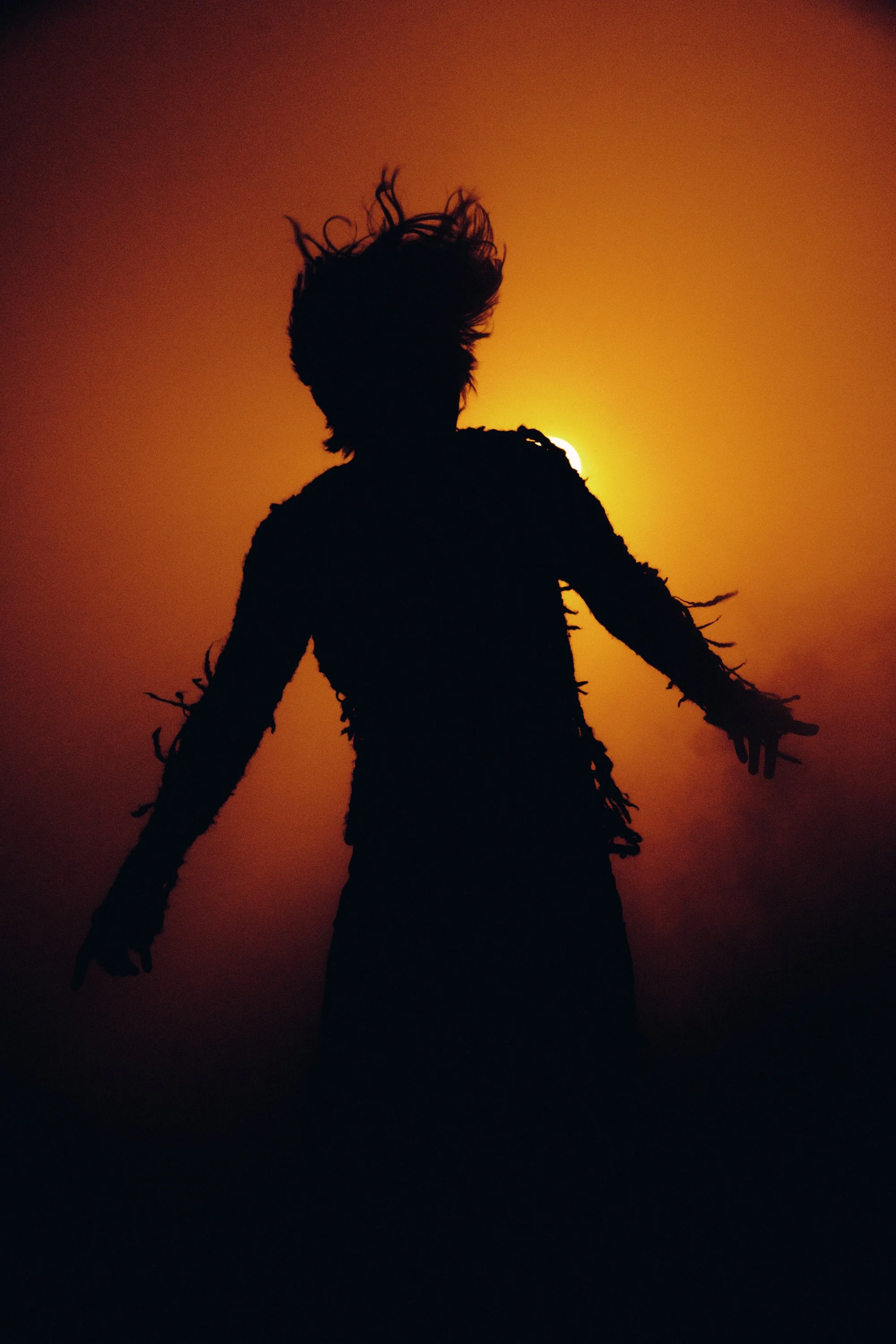 Silhouette of a person with messy hair standing against the sunset or sunrise, with a bright yellow-orange sky in the background.