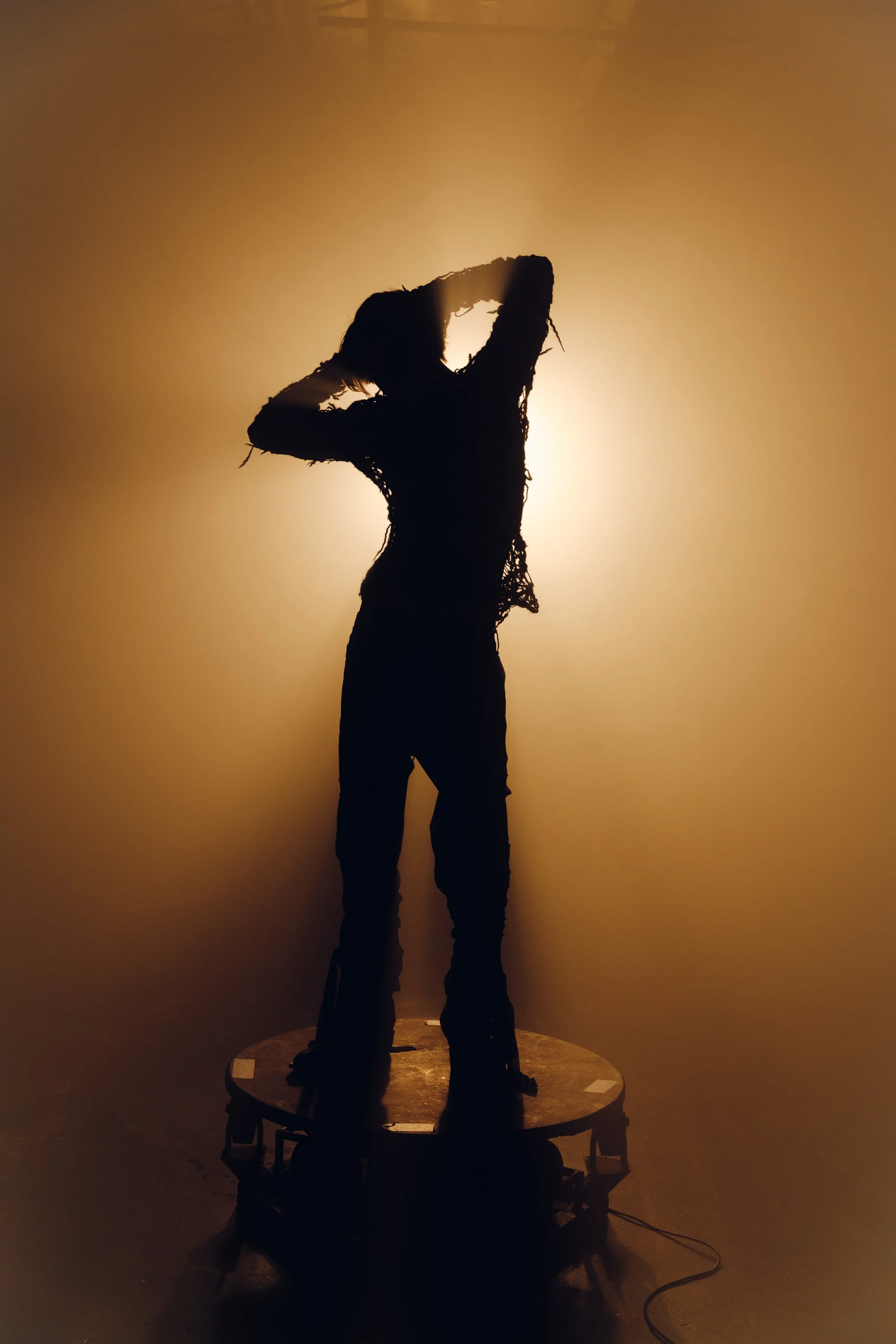Silhouette of a woman with curly hair standing on a small platform, backlit by warm light creating a dramatic shadow effect.