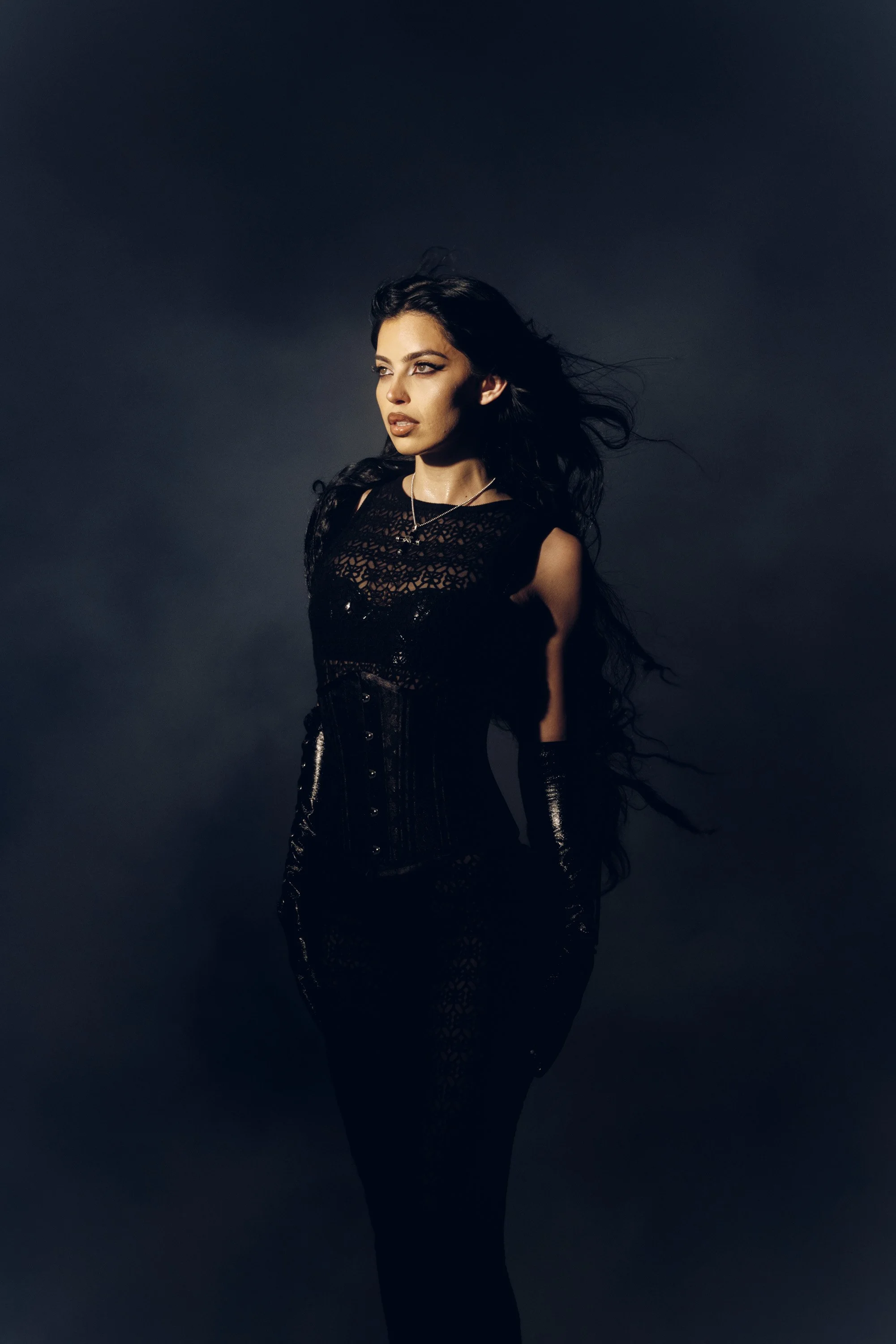 A woman in a black lace dress with long dark hair standing against a dark background, looking to the side with a serious expression.
