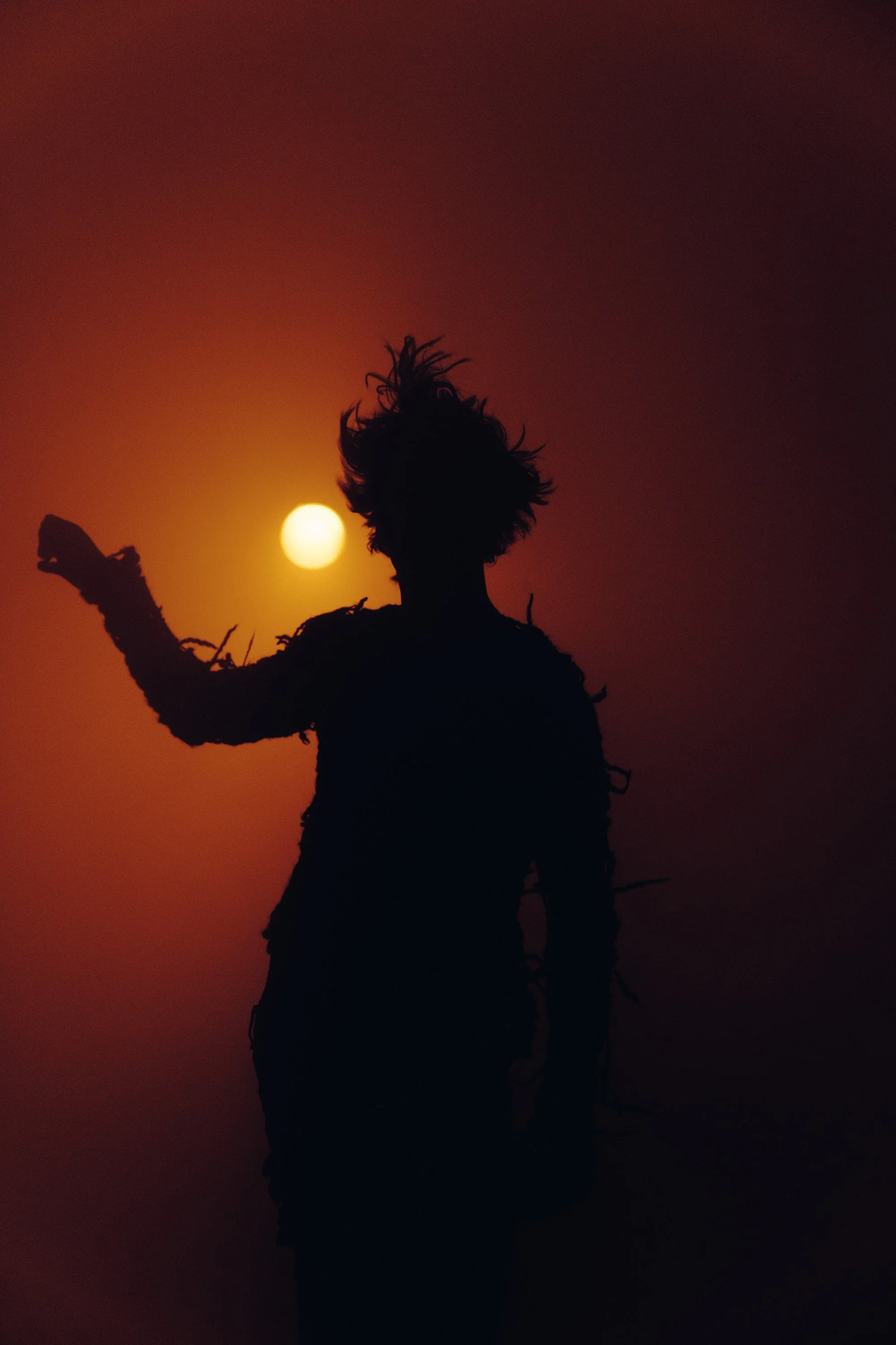Silhouette of a person with wild hair and torn clothing, raising one arm, against a sunset or sunrise with the sun visible in the background.