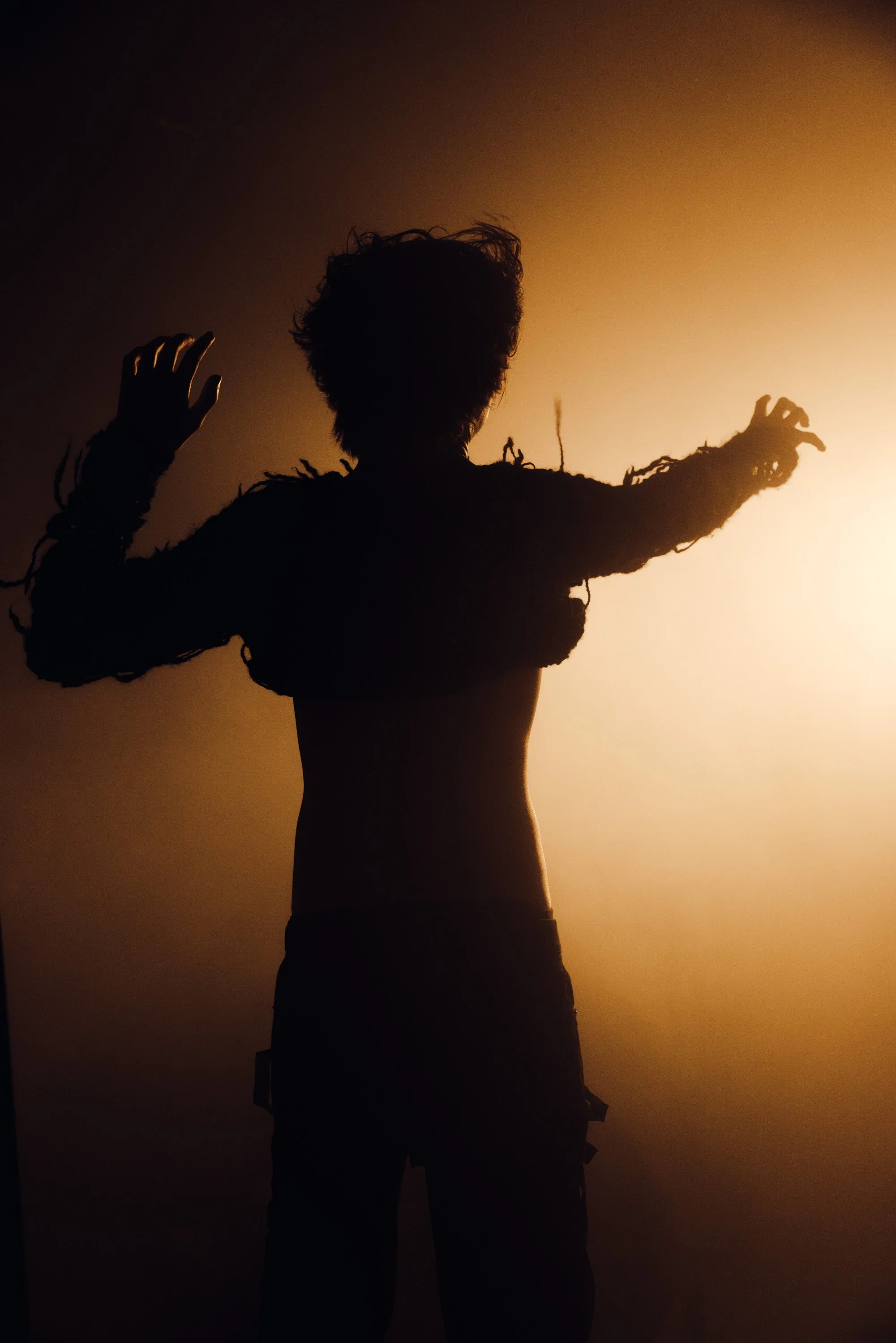 Silhouette of a person with arms raised against a sunset background.
