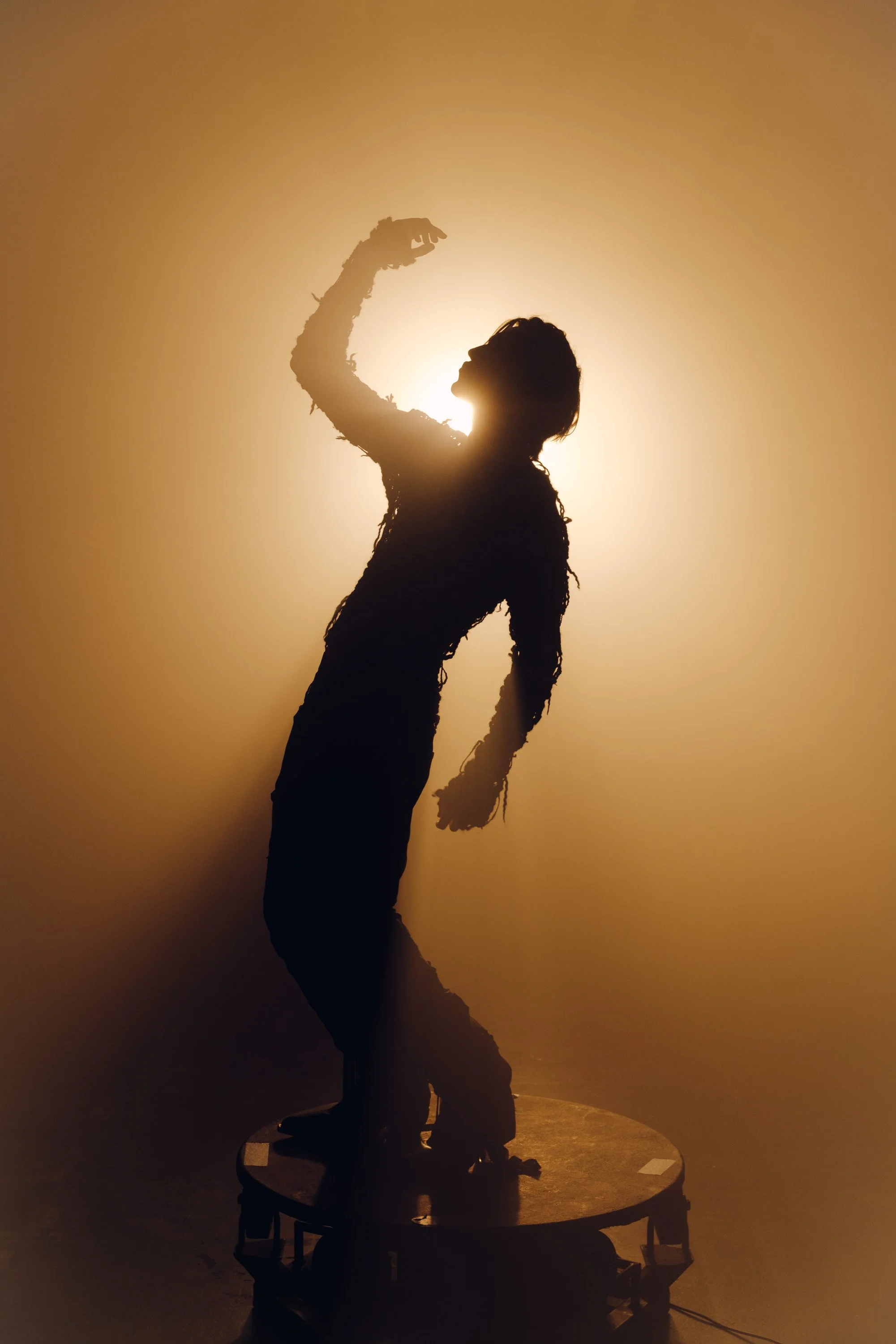 Silhouette of a woman on a circular platform, raising her right arm with a clenched fist, backlit by a bright light.