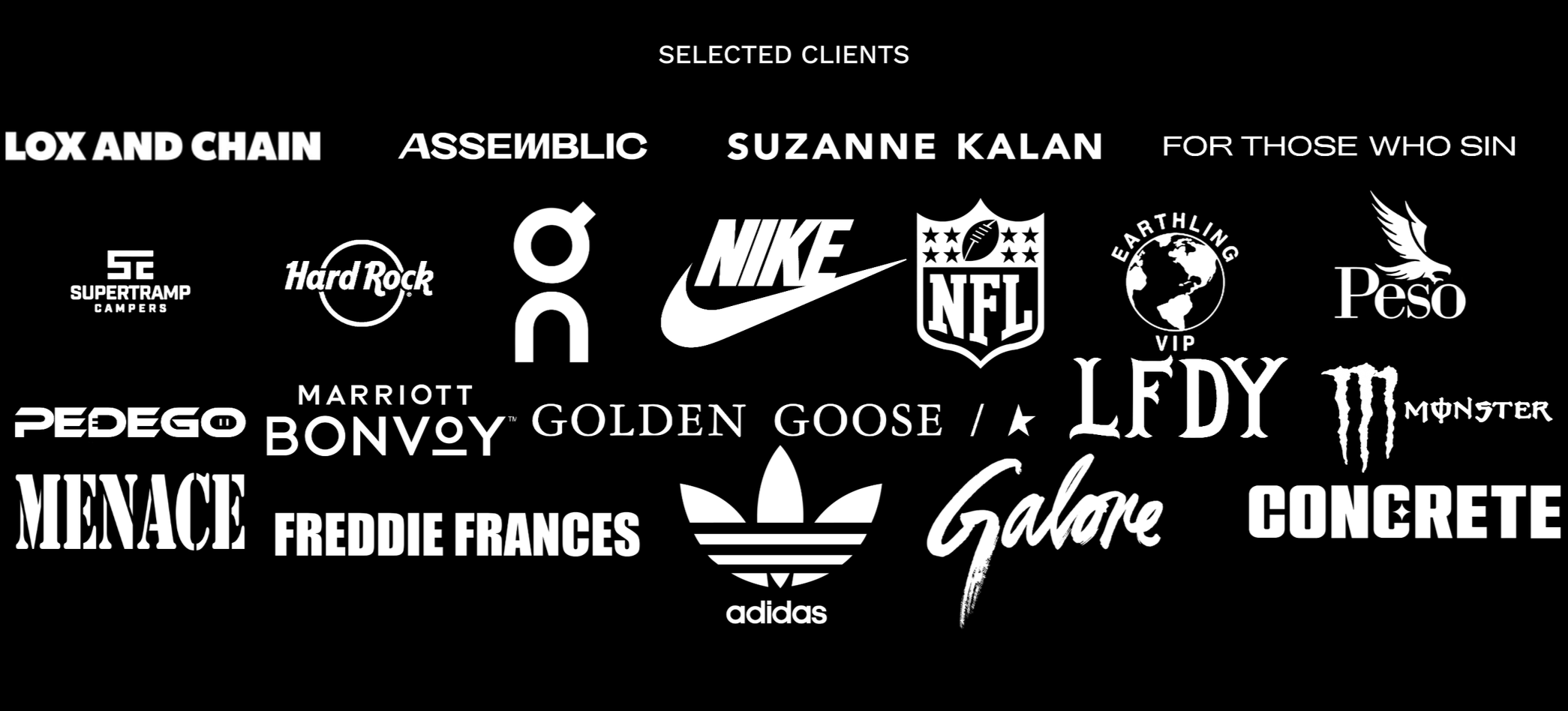 A collection of various brand and organization logos in black and white, including Nike, NFL, Adidas, Monster, and others, displayed on a black background.
