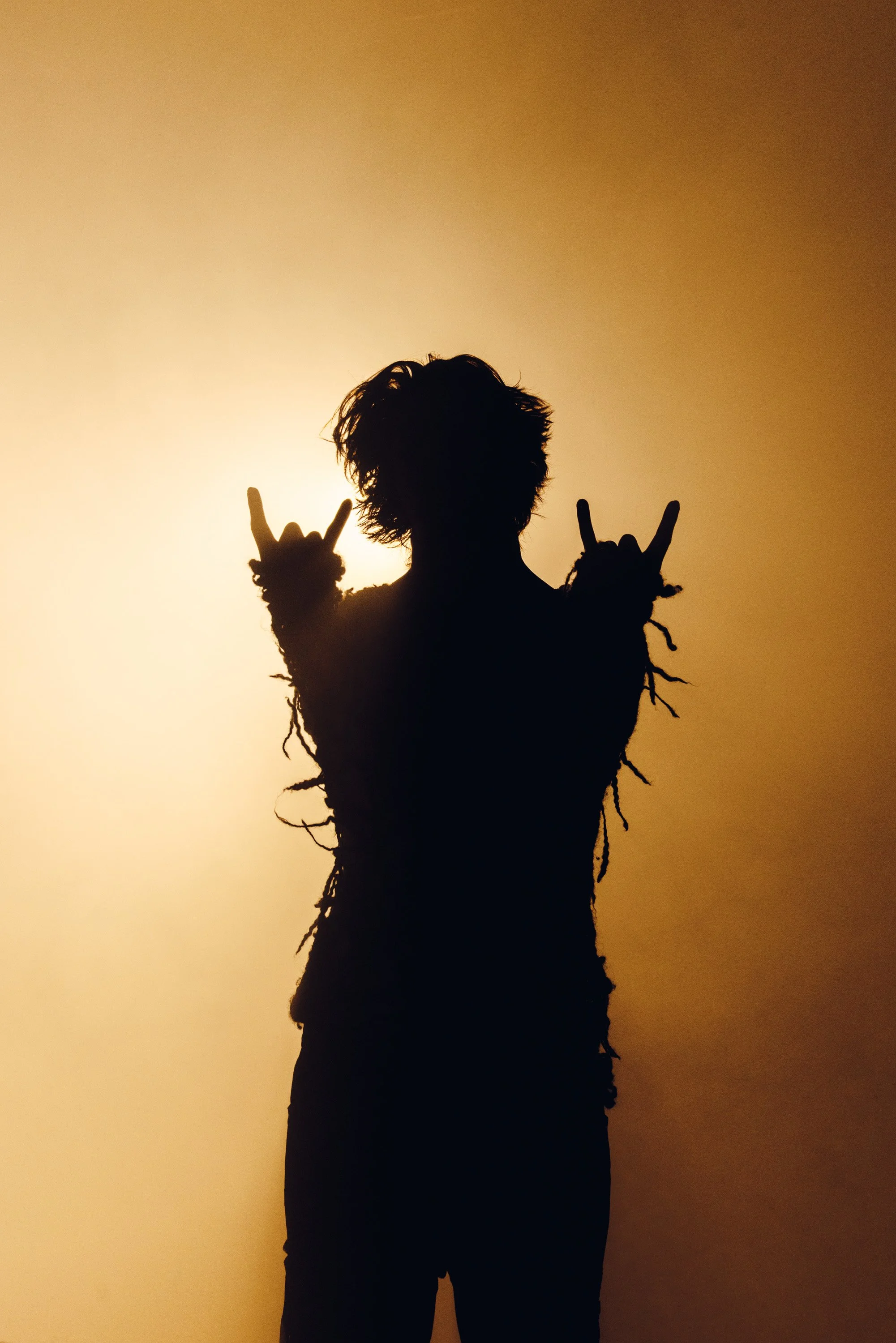 A person with messy hair making a rock on hand gesture with both hands against a sunset or sunrise sky.