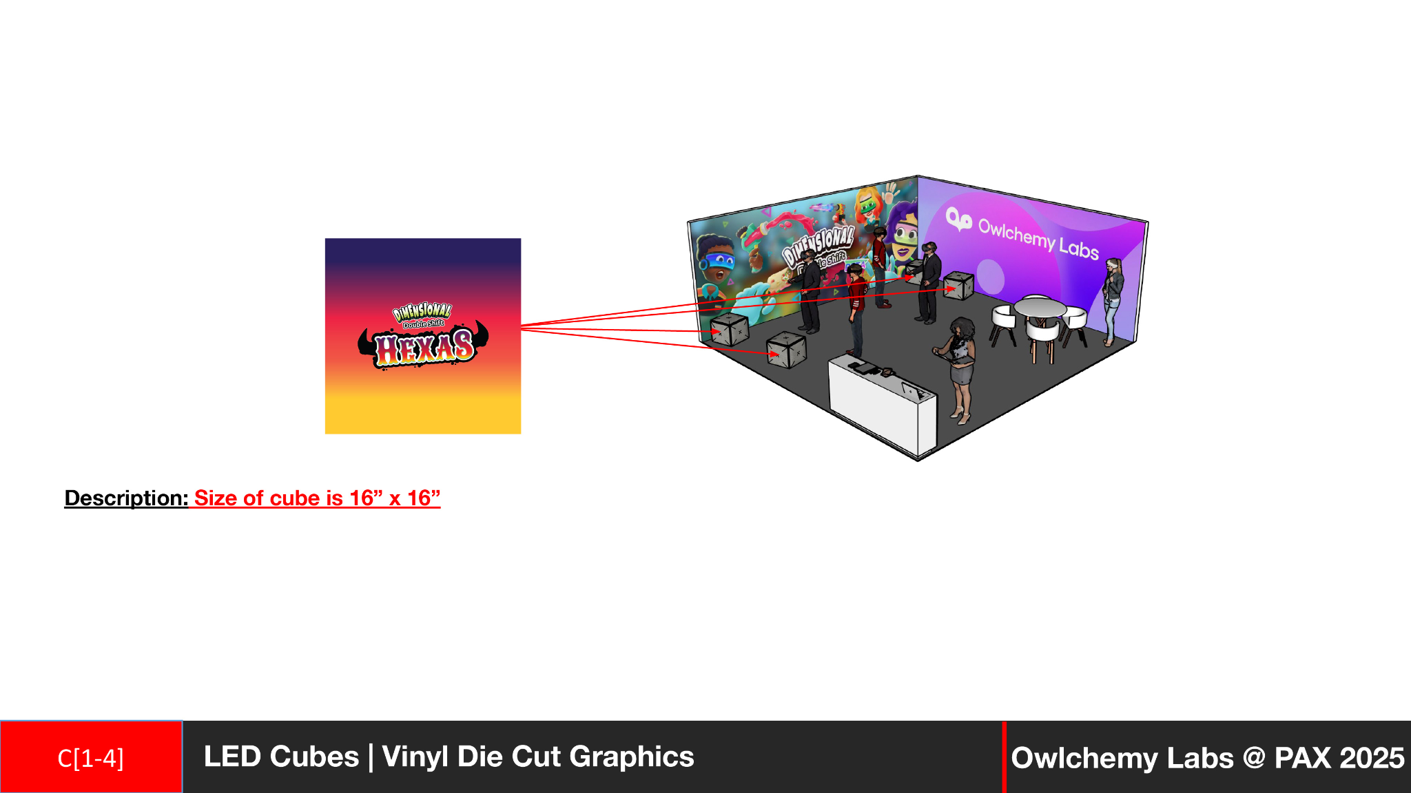 A concept render of the Owlchemy Labs booth with graphics for Dimensional Double Shift and Hexas. The booth shows a table with chairs in a corner, a counter in another corner, and people in VR headsets by cubes.