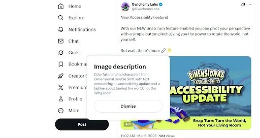 Screenshot of Owlchemy Labs social media post announcing a new accessibility feature for Dimensional Double Shift. The post text describes a "Snap Turn" feature that lets players rotate the world around them instead of physically moving.  Pop up desc