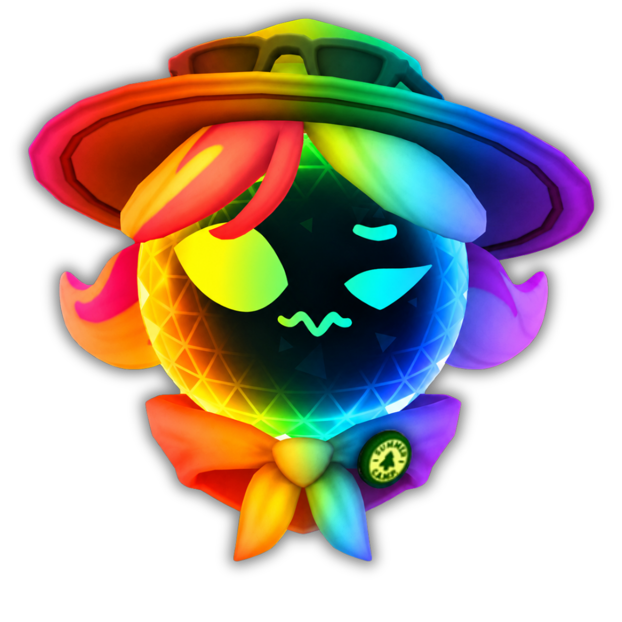 A Pride-themed C.A.M.P Counselor ALICE from Dimensional Double Shift with loose pigtails, a counselor hat with sunglasses, and a cute green SUMMER CAMP pin.
