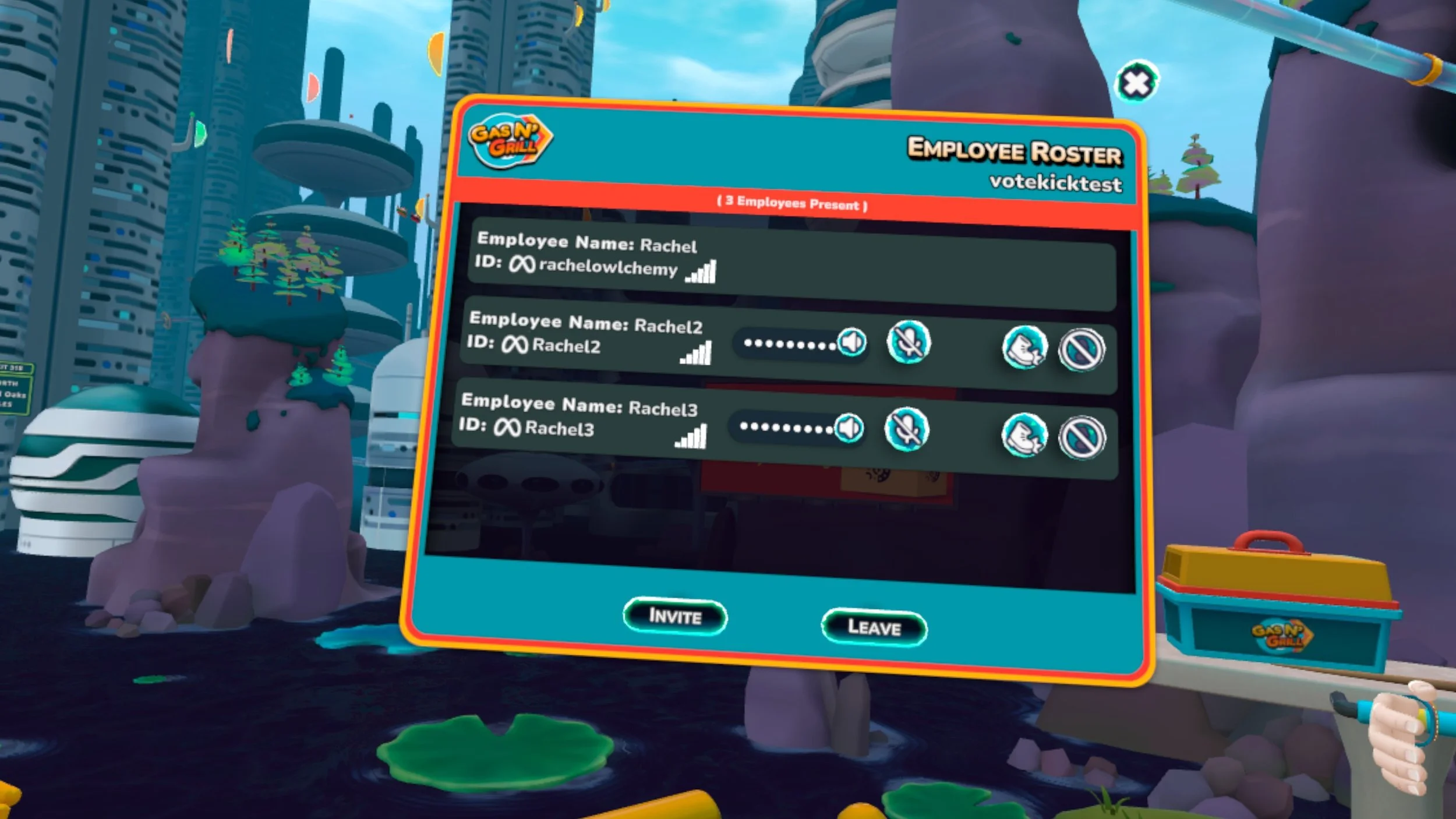 A screenshot from Dimensional Doubel Shift showing the Employee Roster with three players and the new UI update that shows how to kick or mute a player as well as the new Leave button added as well for ease.