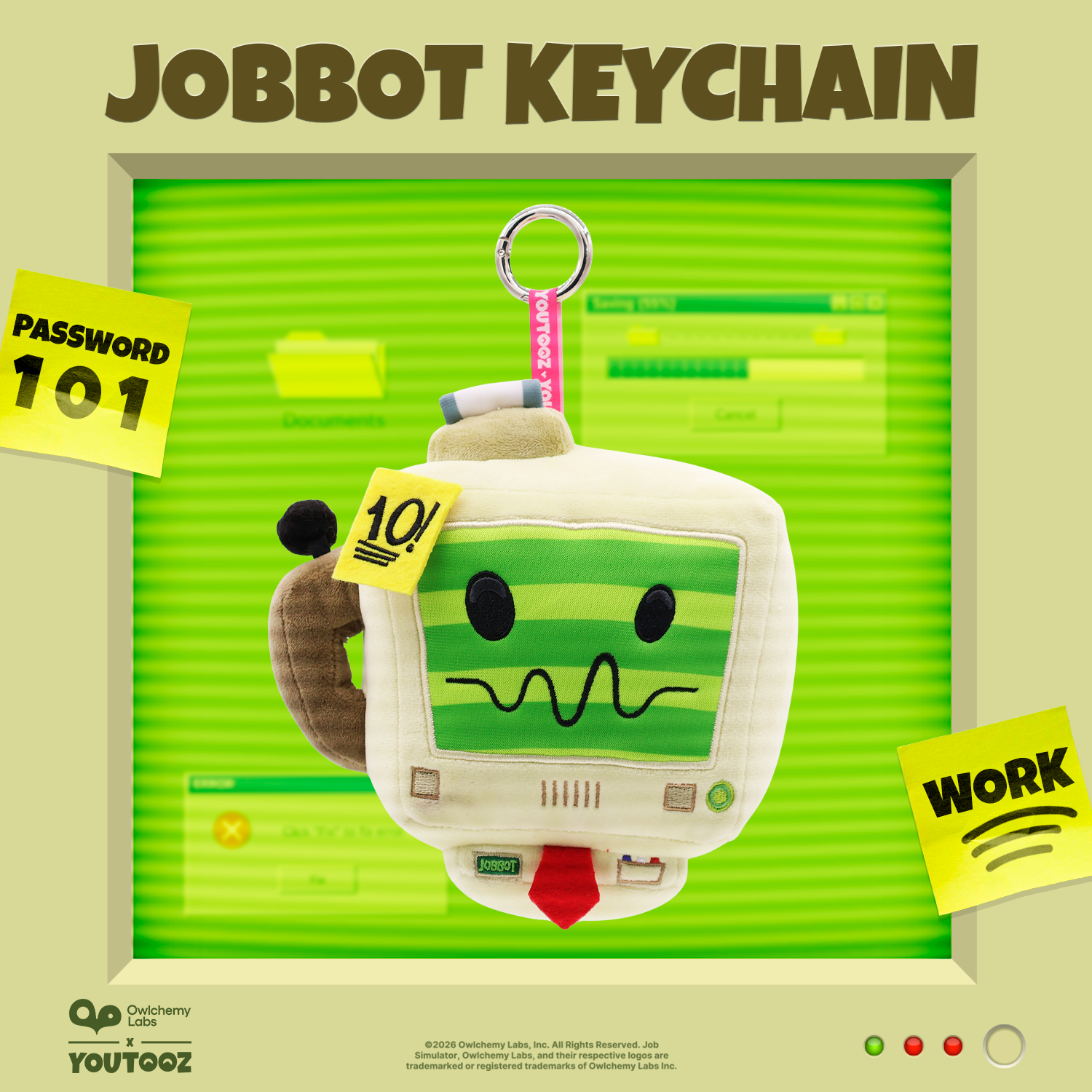 An image of the JobBot keychain against a vibrant green backdrop with a yellow framework to look like an old school computer with various process assets seen in the back for effect with postnotes that say Password 101 and Work. JOBOT KEYCHAIN