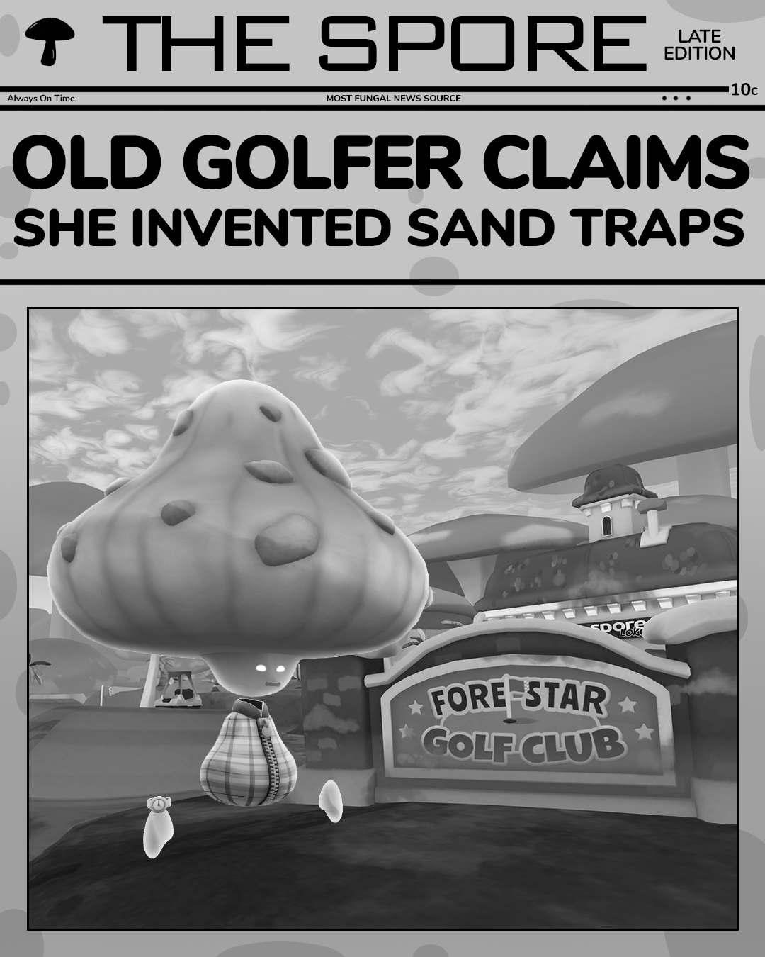 Digital art of a fungal character named Old Golfer in a blue plaid vest standing before the Fore-Star Golf Club. The image is framed as a newspaper front page from "The Spore" with a headline about the invention of sand traps.