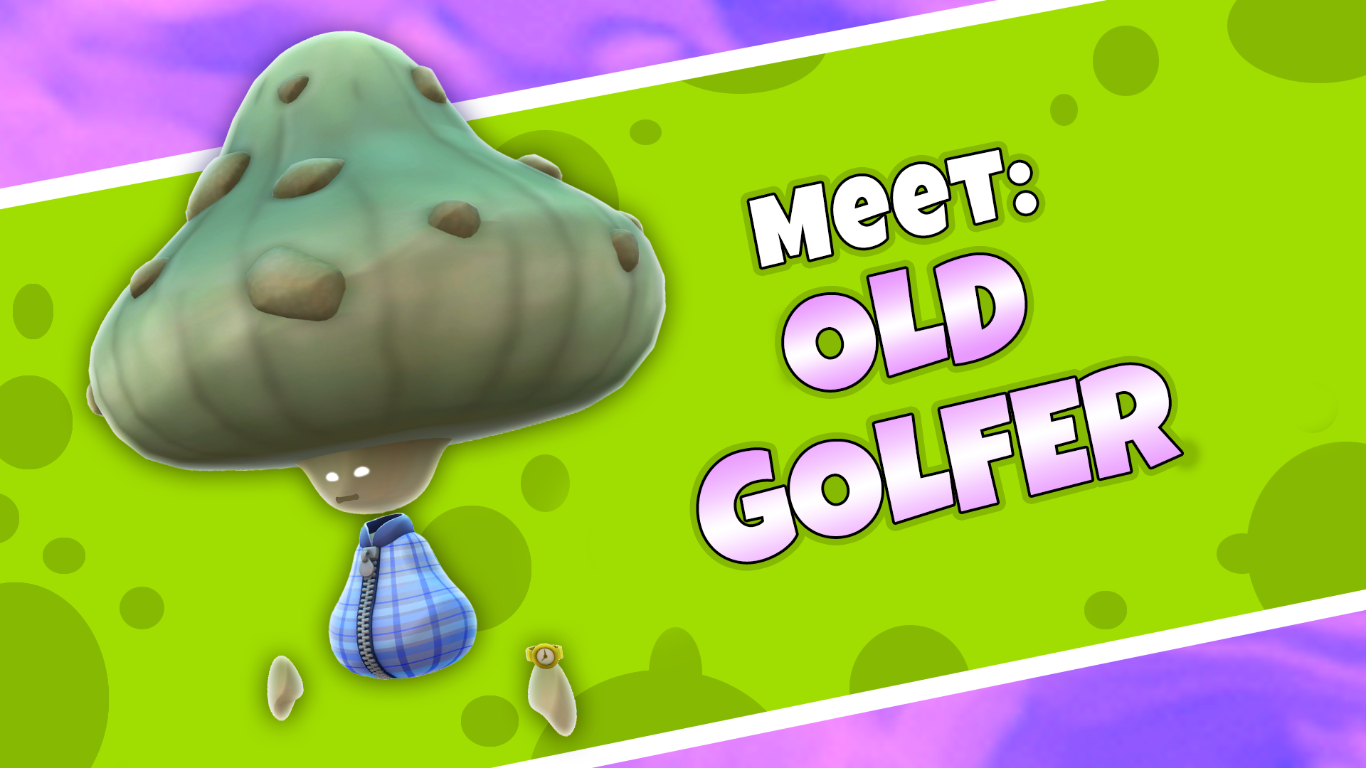 A whimsical mushroom-headed character named Old Golfer stands against a bright green patterned backdrop with a purple border. The character has large pale-green mushroom cap dotted with rocky growths, a small glowing-eyed face, a blue plaid outfit