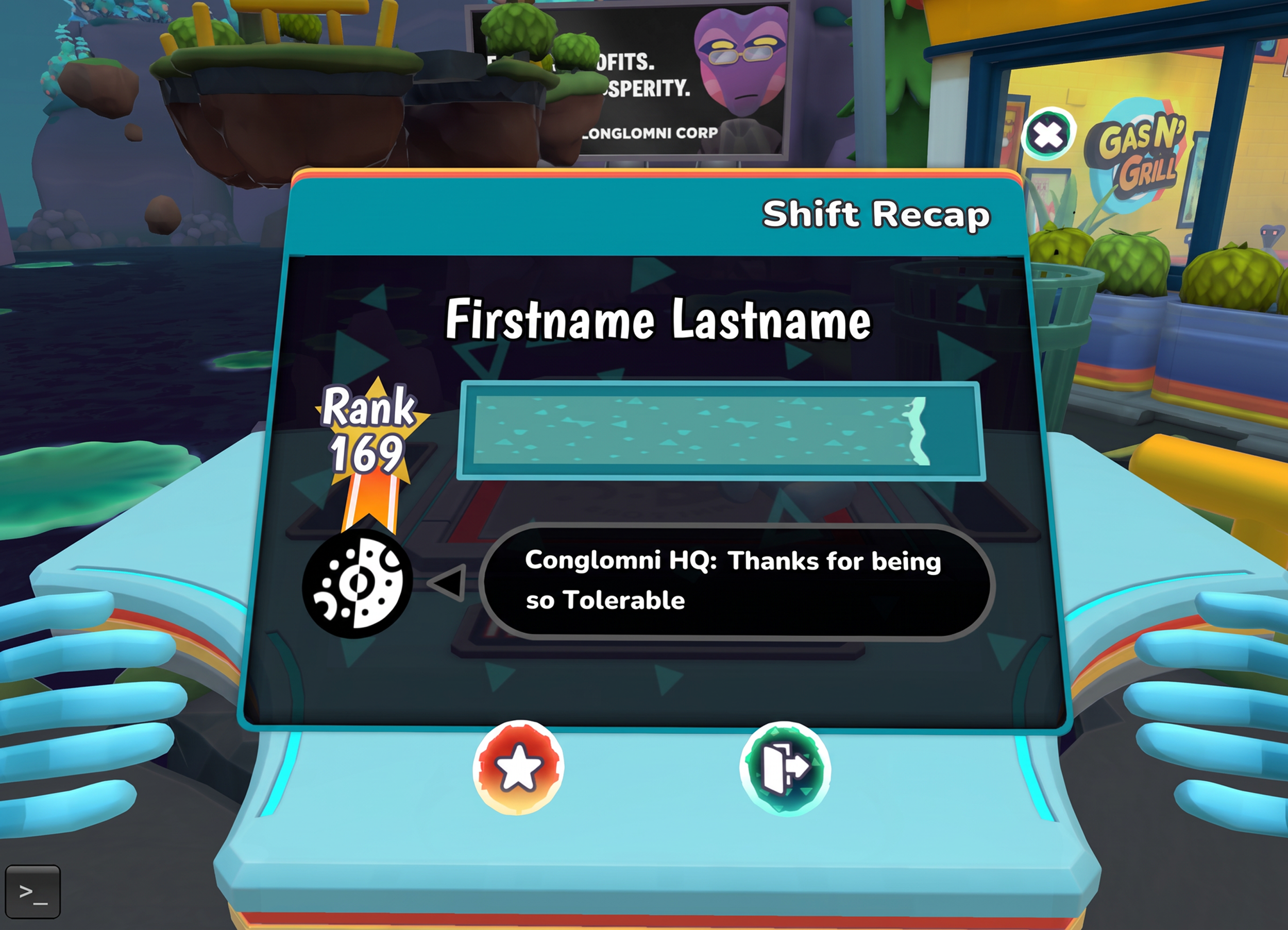 In-game screenshot of the redesigned "Shift Recap" menu in Dimensional Double Shift. The blue screen displays player rank 169, a progress bar, and a message from Conglomni HQ reading "Thanks for being so Tolerable".