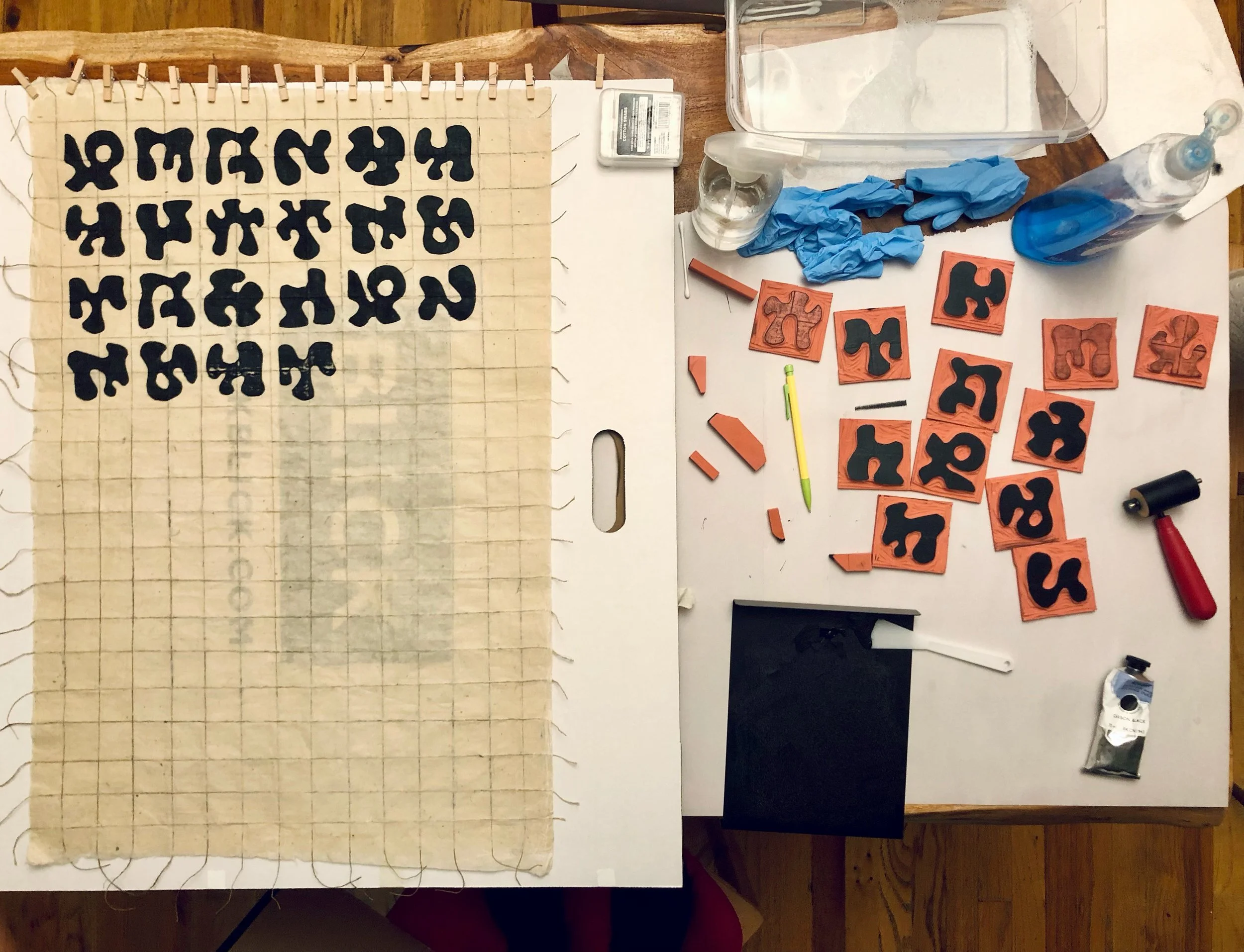 First block print of Splatter Glyph A on Lokta paper