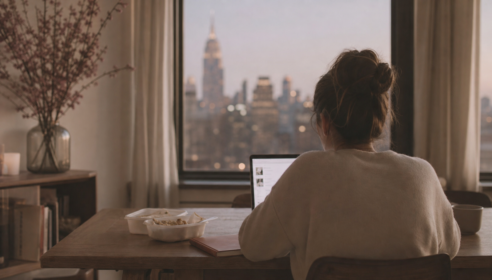 a burnt out woman sitting at her laptop with an unfinished lunch