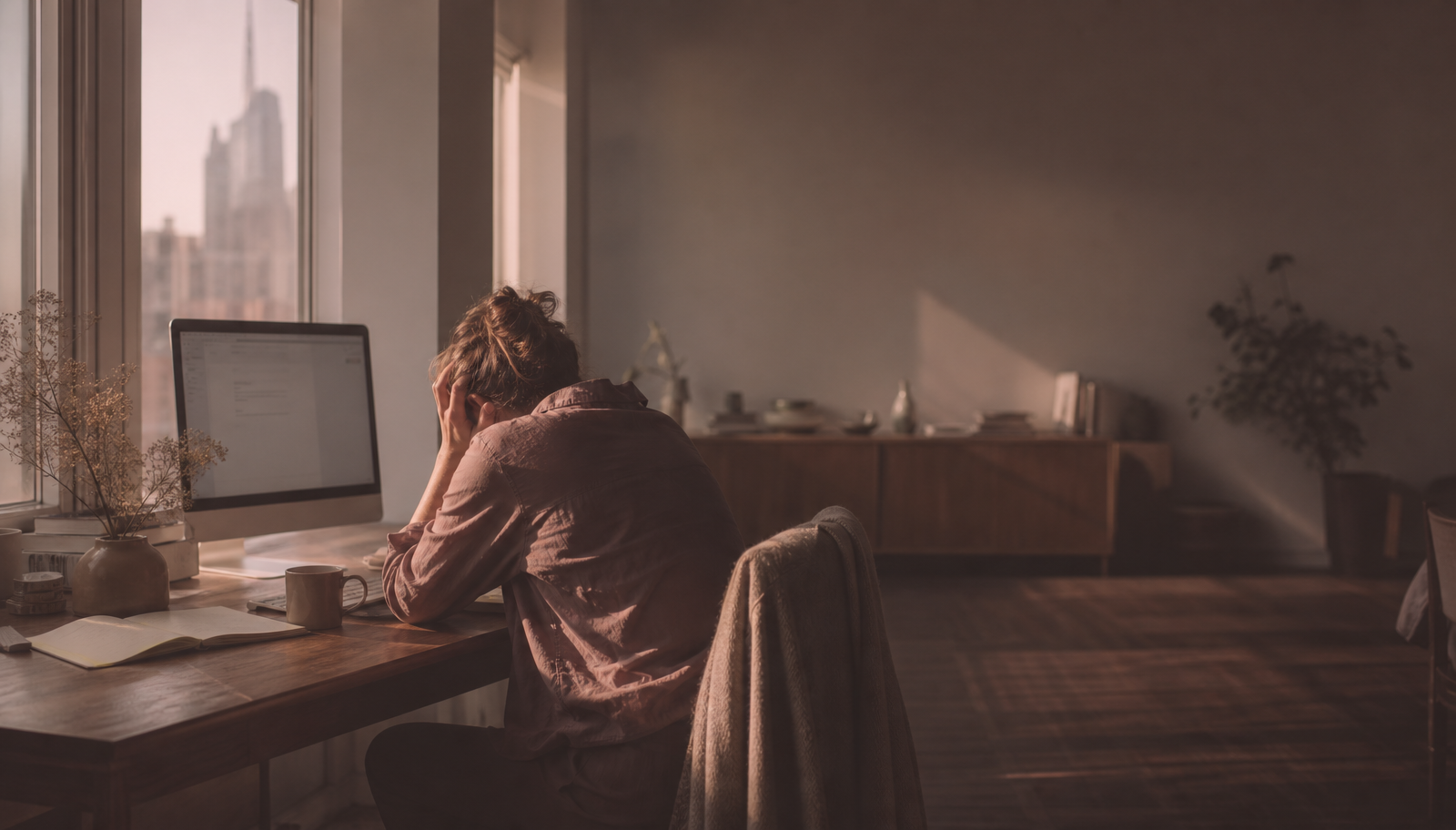 depressed or burnt out woman at her work from home desk