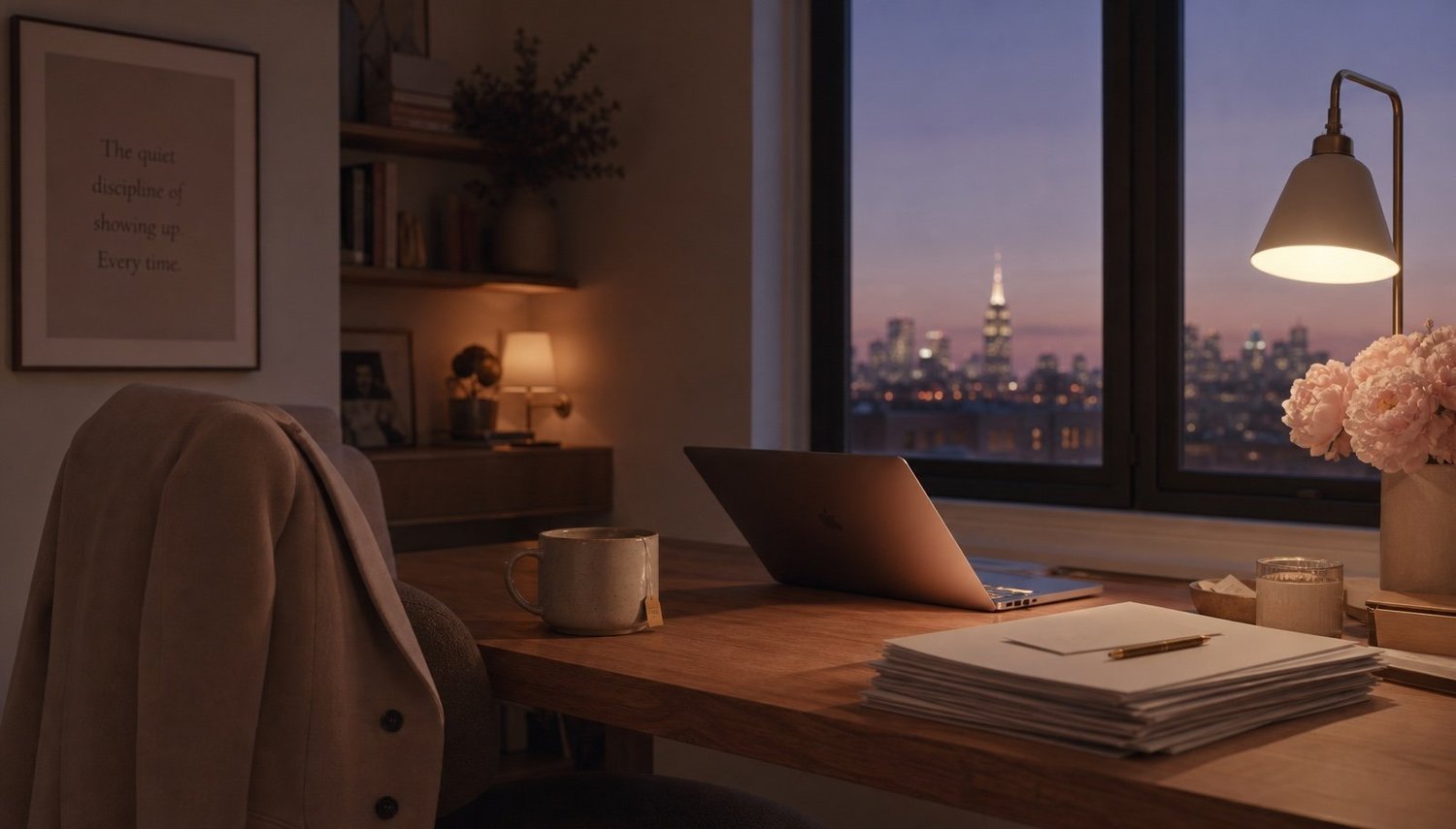 A desk still lit late at night - the work that never fully switches off