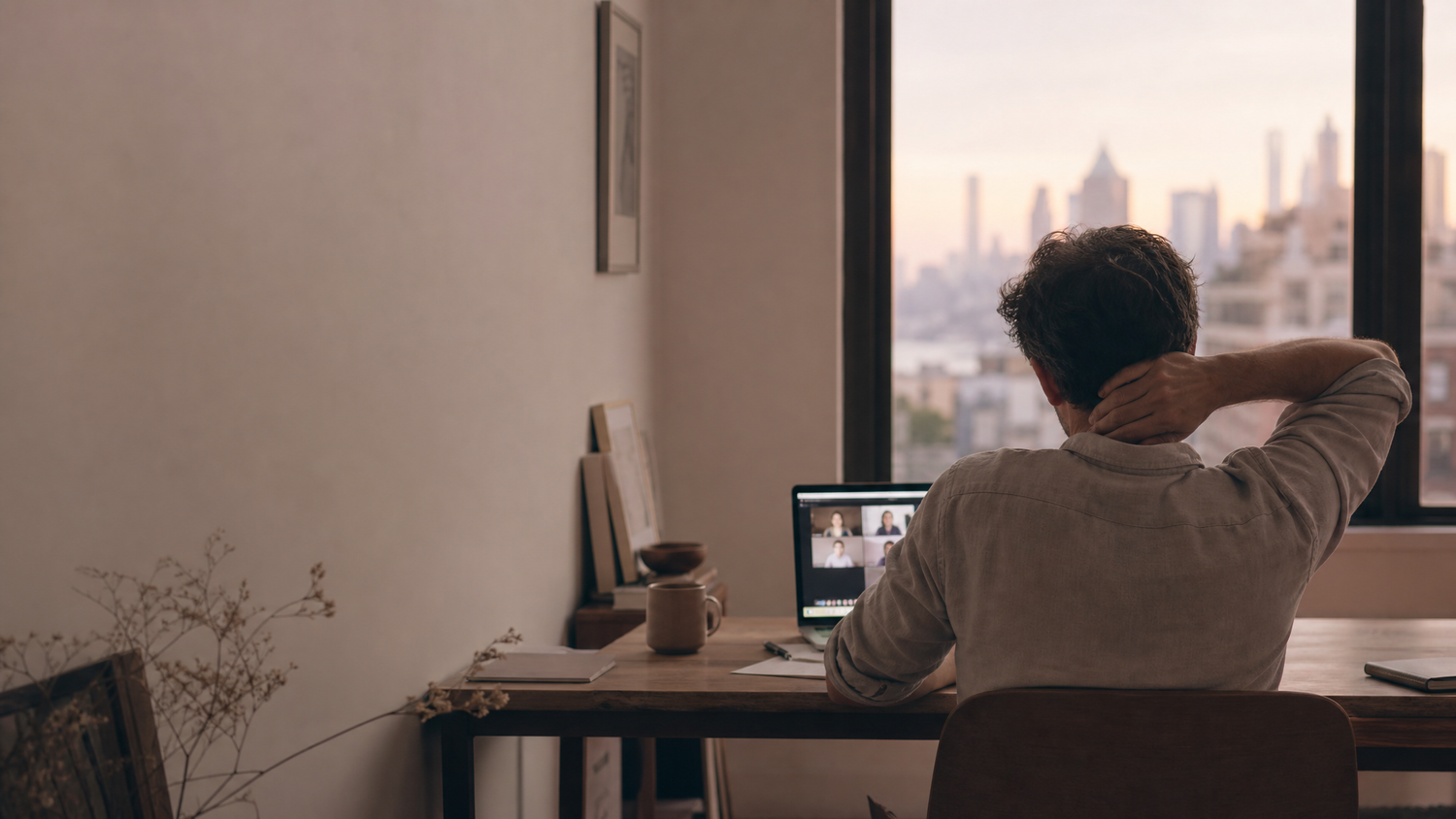 A man seen from behind at his desk by a window overlooking the New York skyline at dusk, one hand on the back of his neck, a virtual therapy session open on his laptop