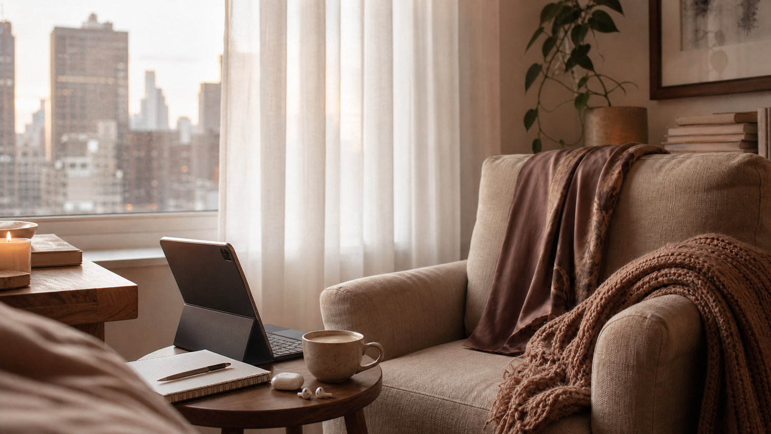 A warm virtual-therapy corner at home - an armchair with soft throws, a tablet and coffee on the side table, the New York skyline through sheer curtains