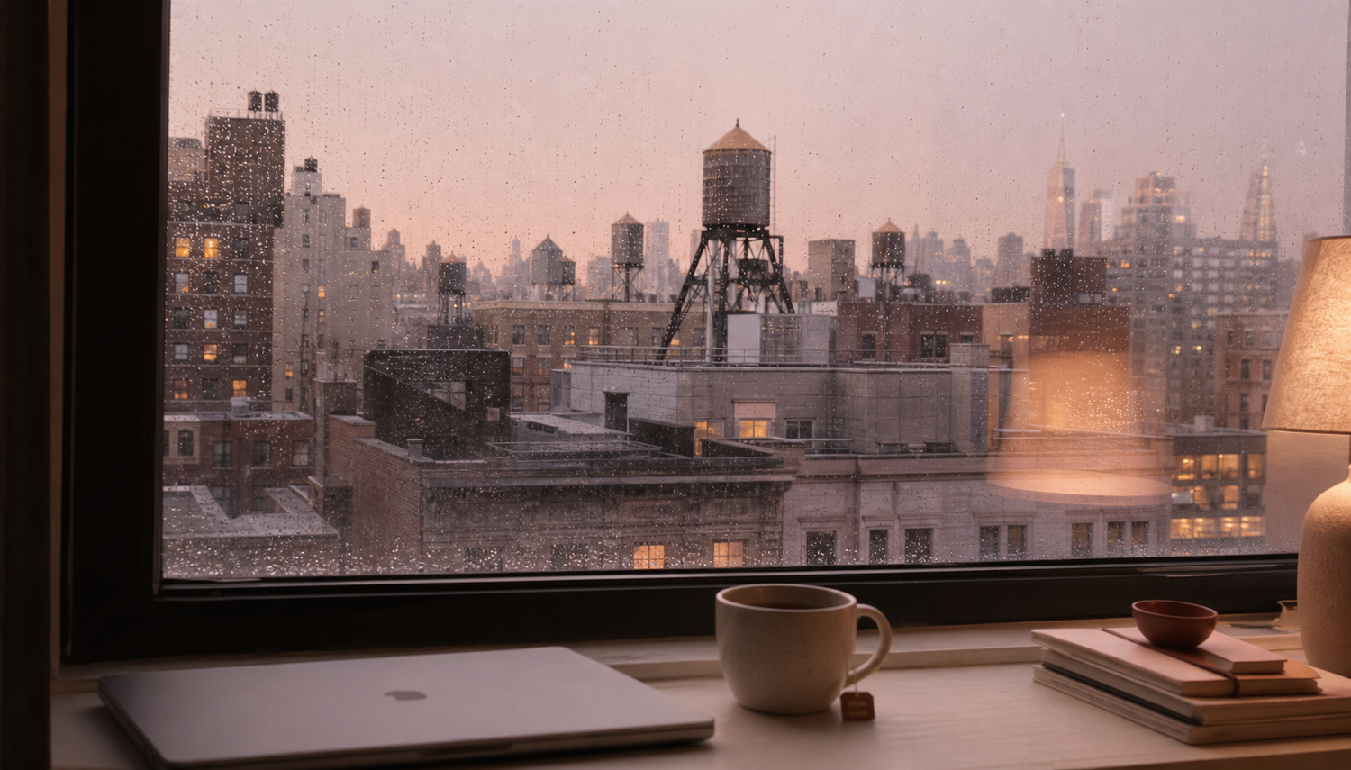Rain-flecked window over midtown rooftops and water towers at dusk, a laptop and tea on the warm-lit desk - the workday that follows you home