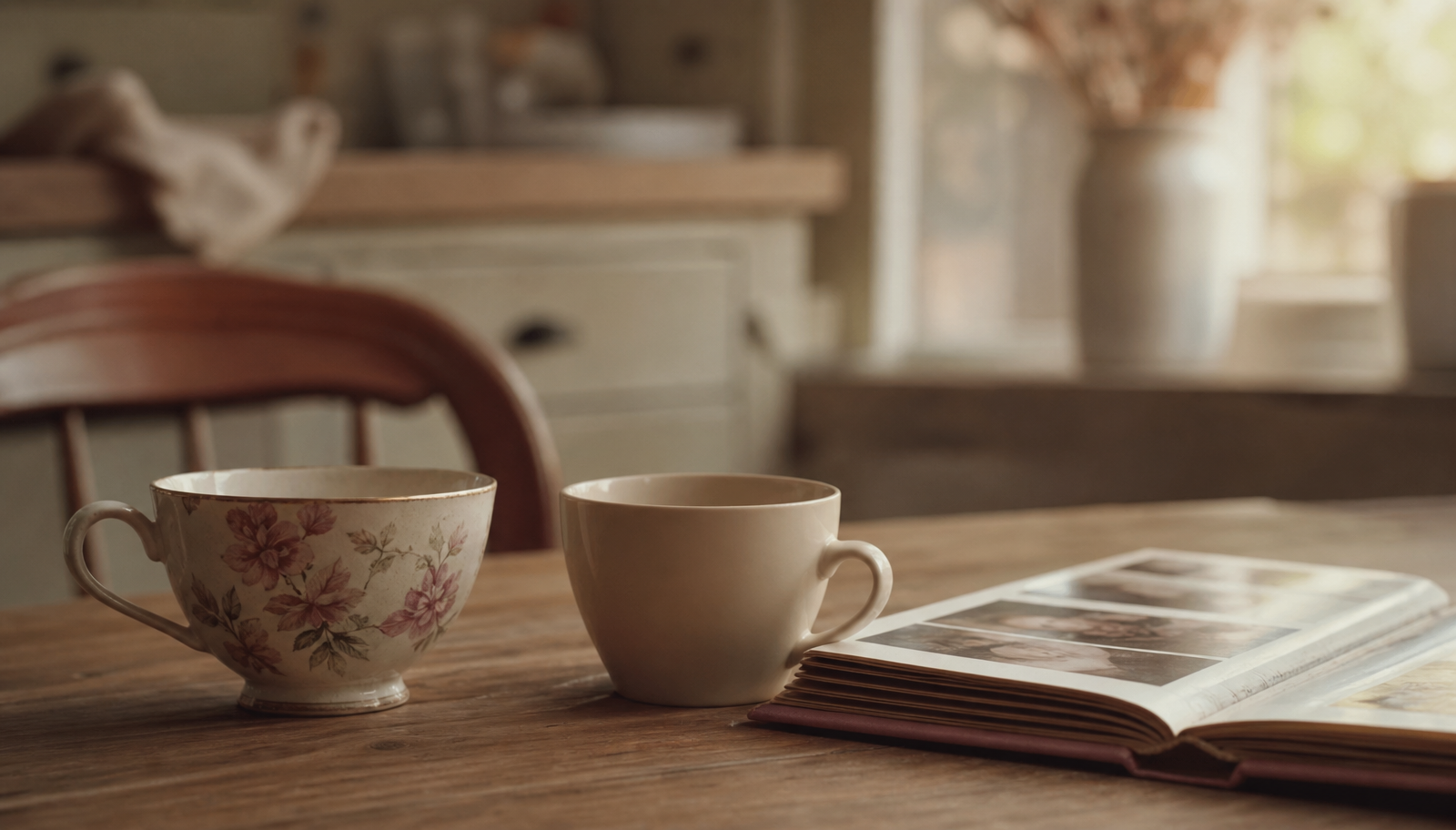Two mismatched teacups - one floral and worn, one plain and modern - beside an open photo album on a wooden kitchen table