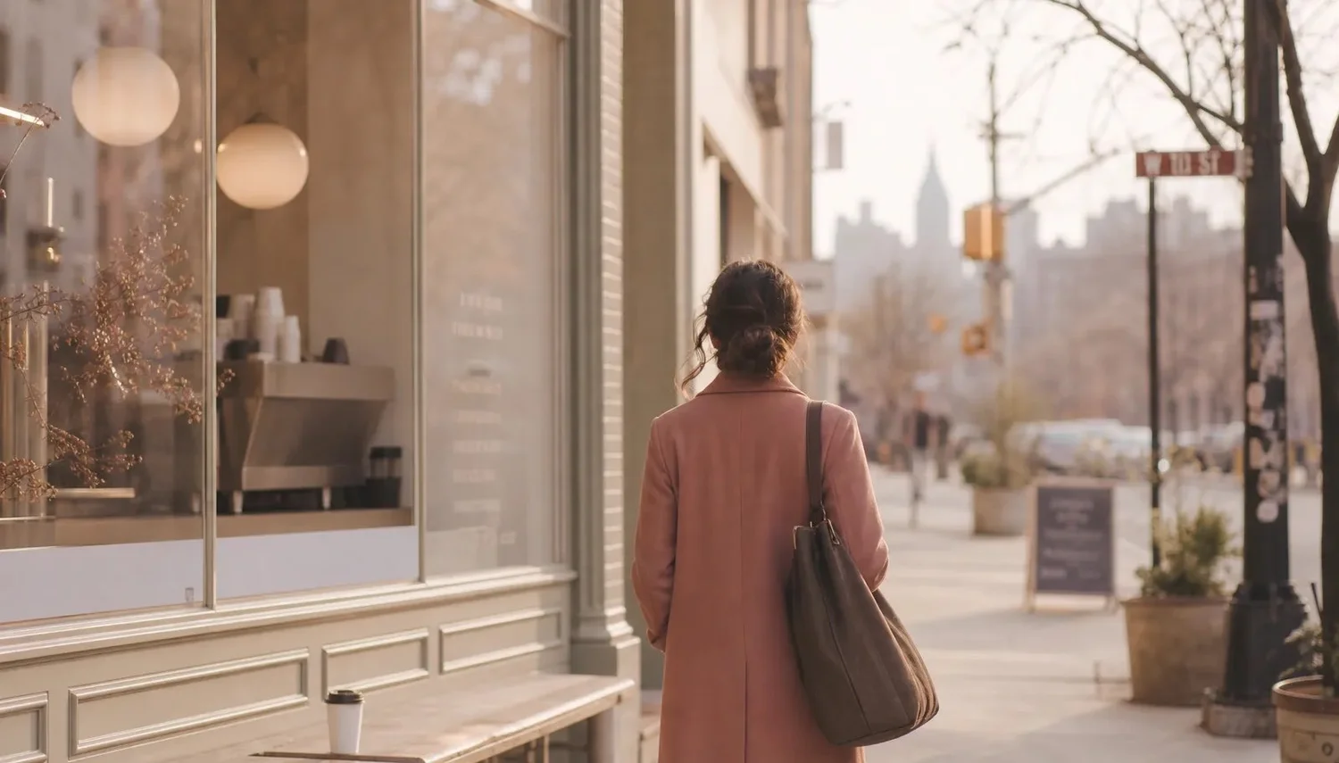 A professional pausing on a quiet, warm-lit New York street